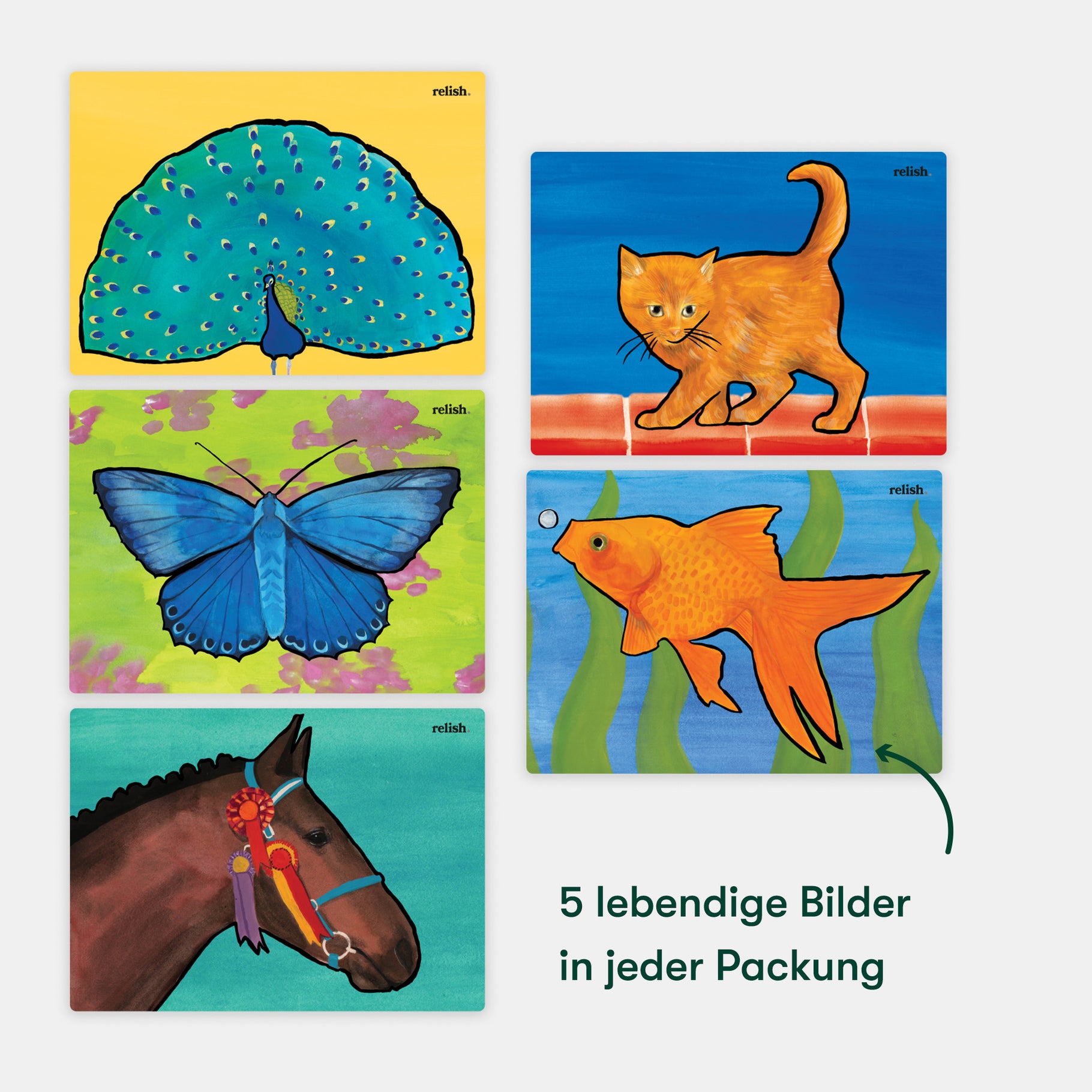 Colorful animal paintings for dementia activities, ideal for care homes, fostering engagement and joy for elderly residents.