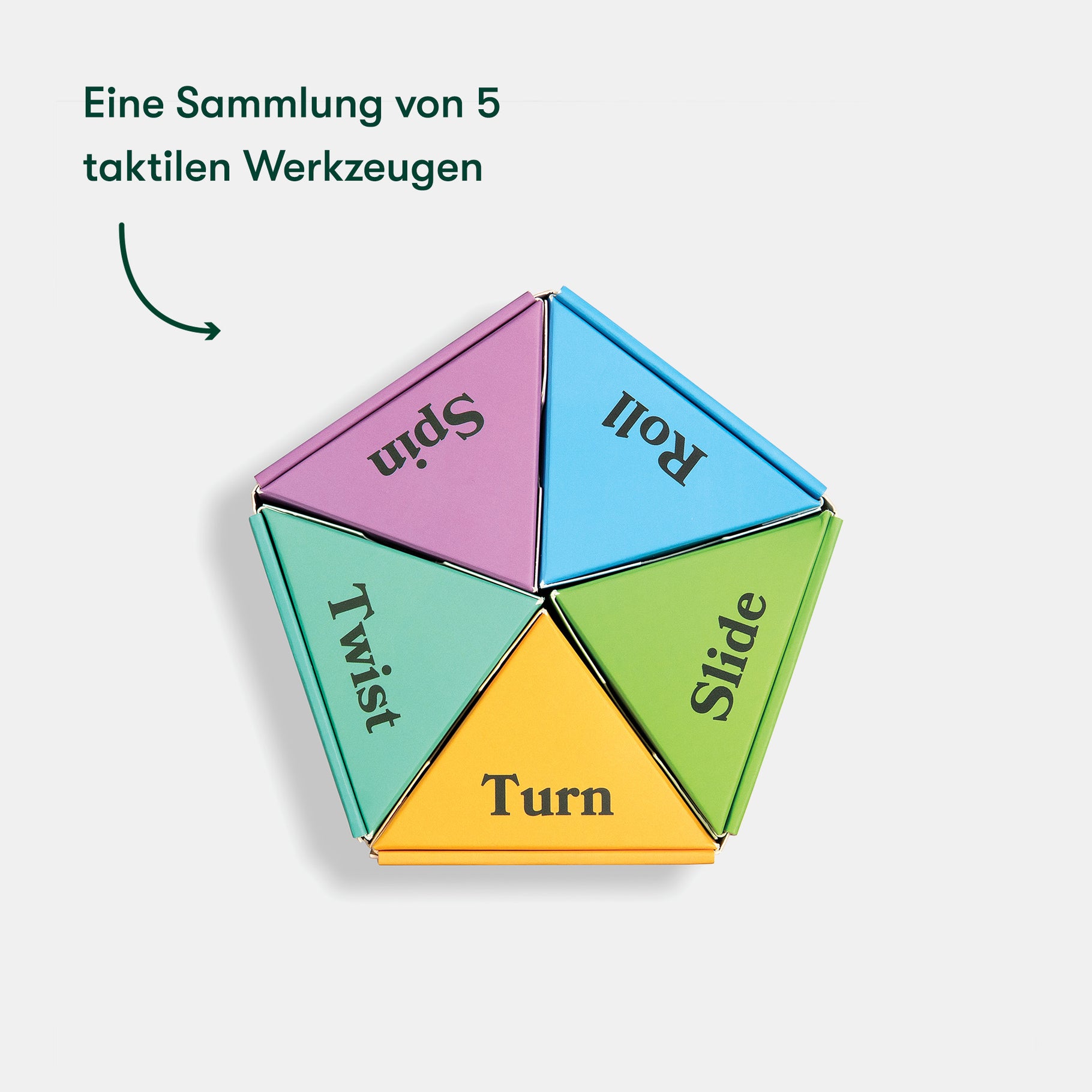 Colorful tactile tool set for dementia activities, featuring five pieces labeled Twist, Spin, Roll, Slide, Turn.