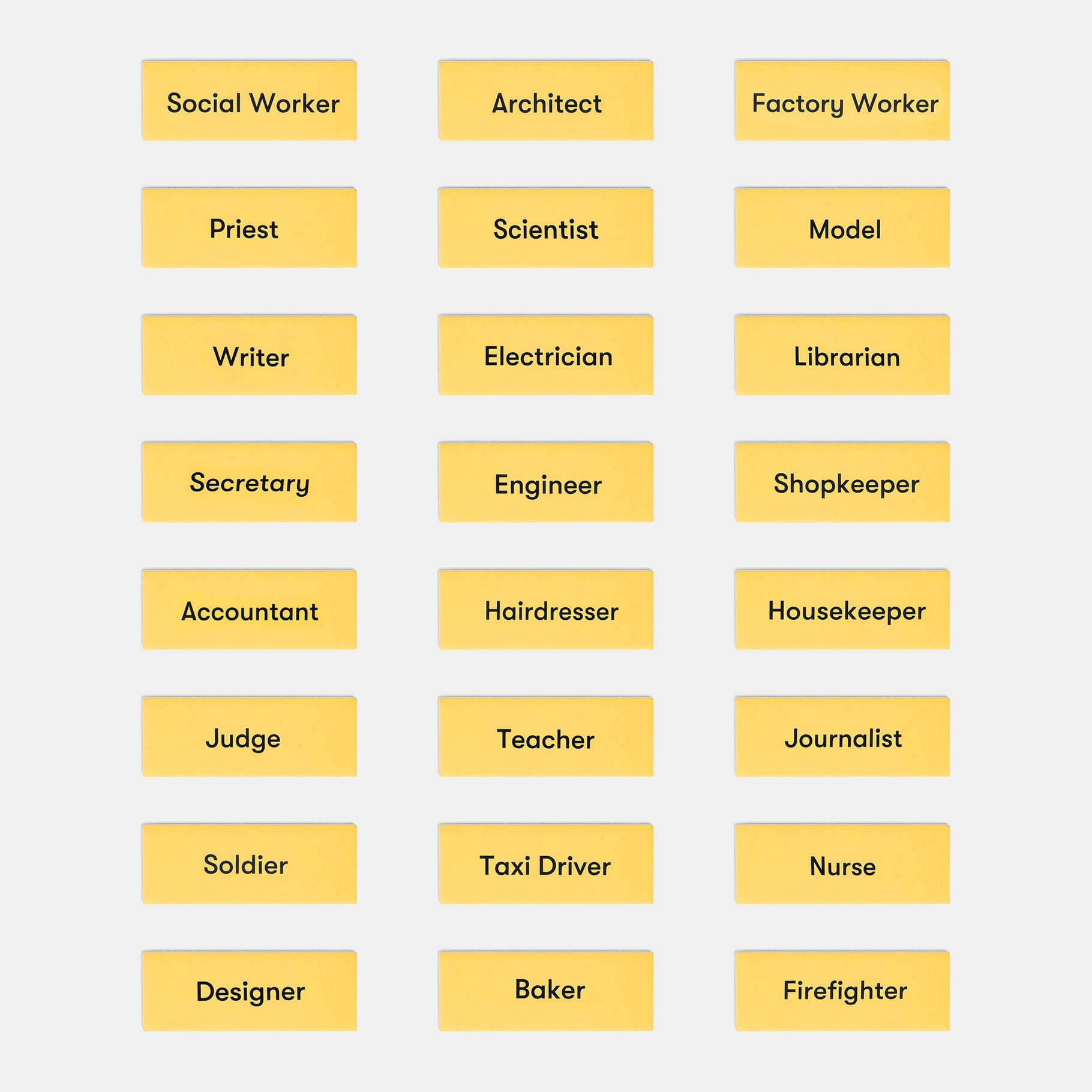 Yellow cards with job titles for dementia activities, enhancing memory and engagement for elderly in care homes.