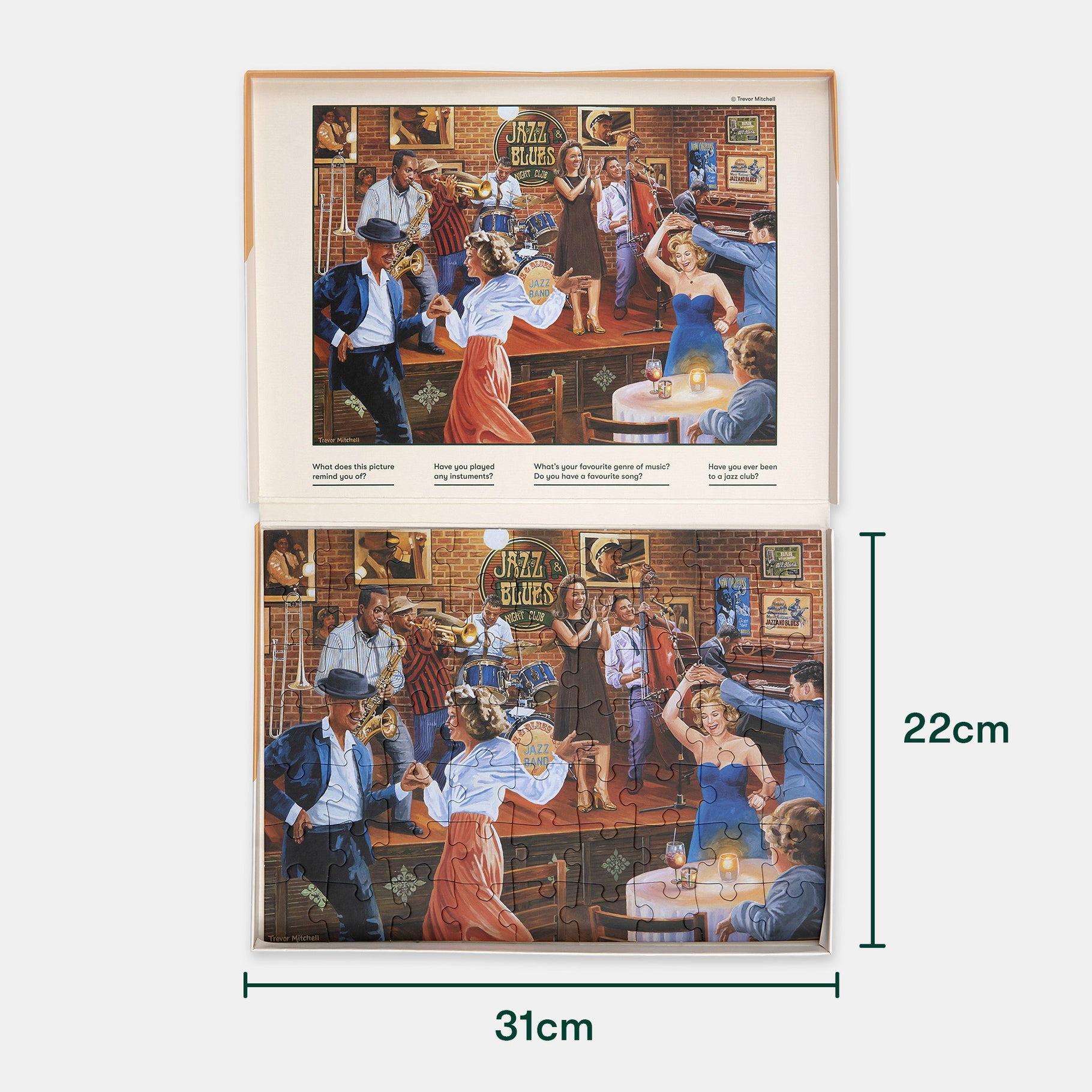 Jazz-themed jigsaw puzzle for dementia patients, ideal for care home activities, promoting engagement and reminiscence.