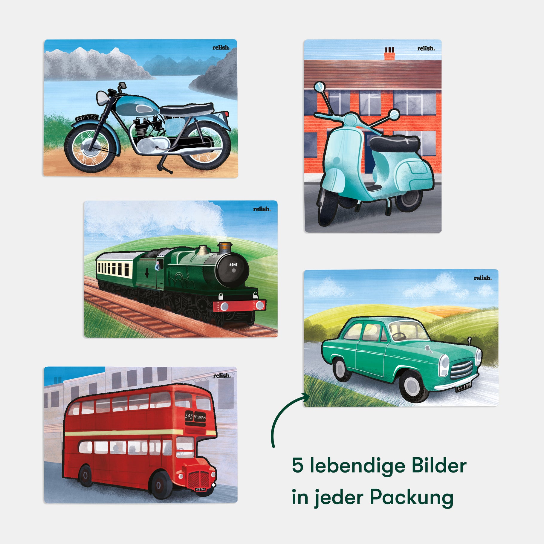 Colorful vehicle illustrations for dementia activities, featuring a motorcycle, scooter, train, bus, and car.