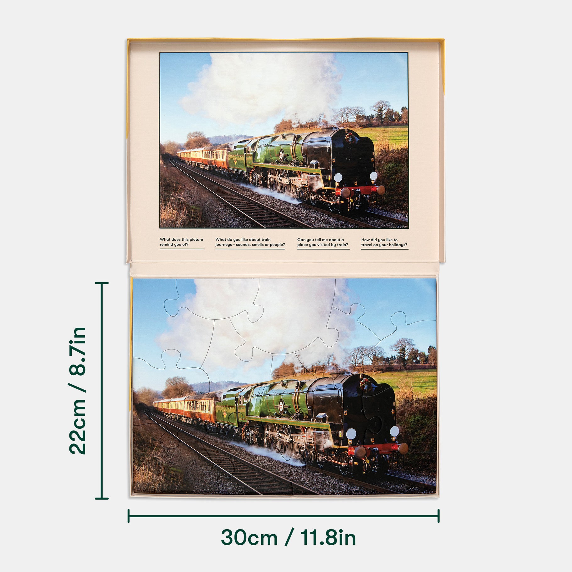 Train puzzle for people living with dementia, ideal for care home activities, fostering engagement and memory in elderly with dementia.