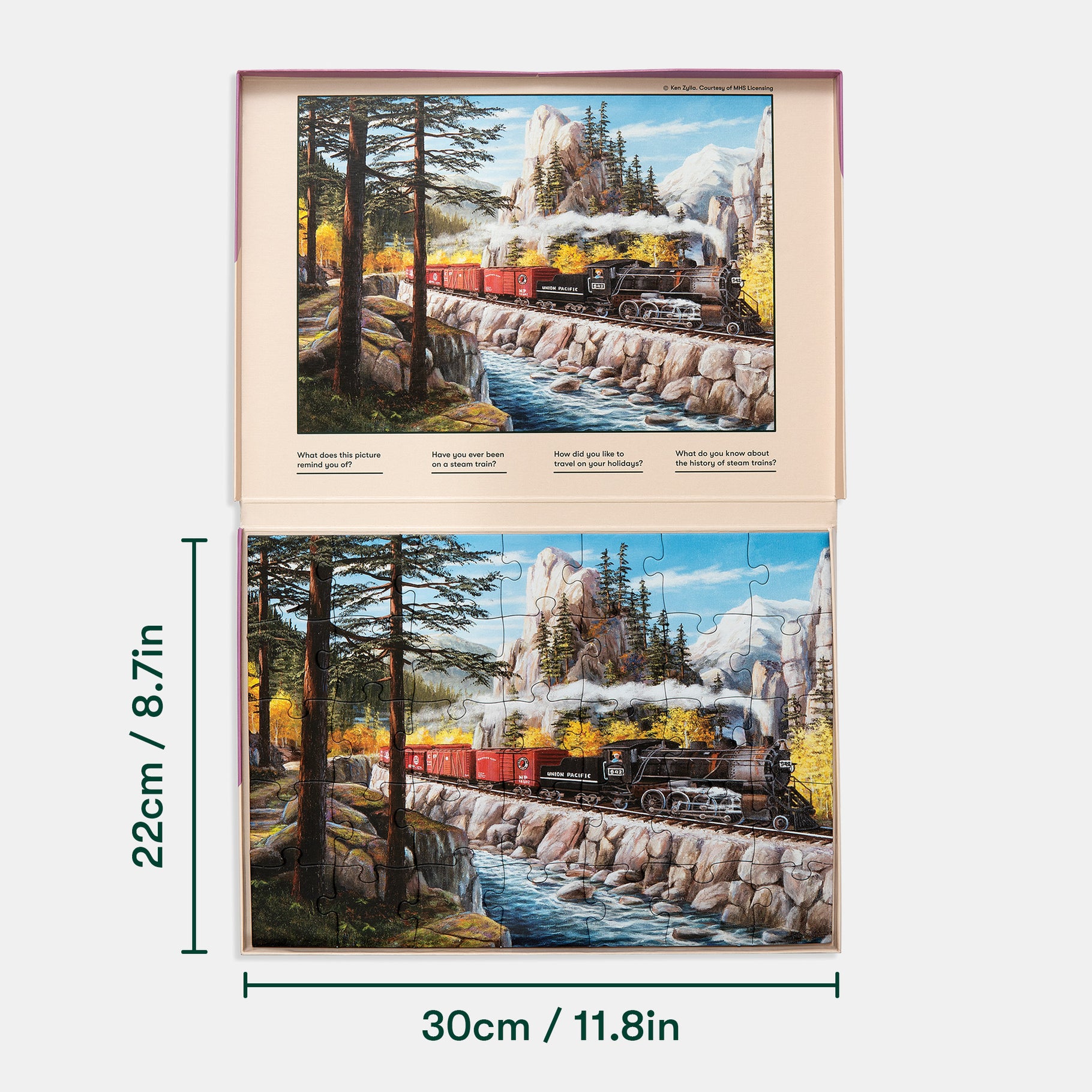 Puzzle of a steam train in nature, ideal for dementia activities, care home residents, and elderly engagement.