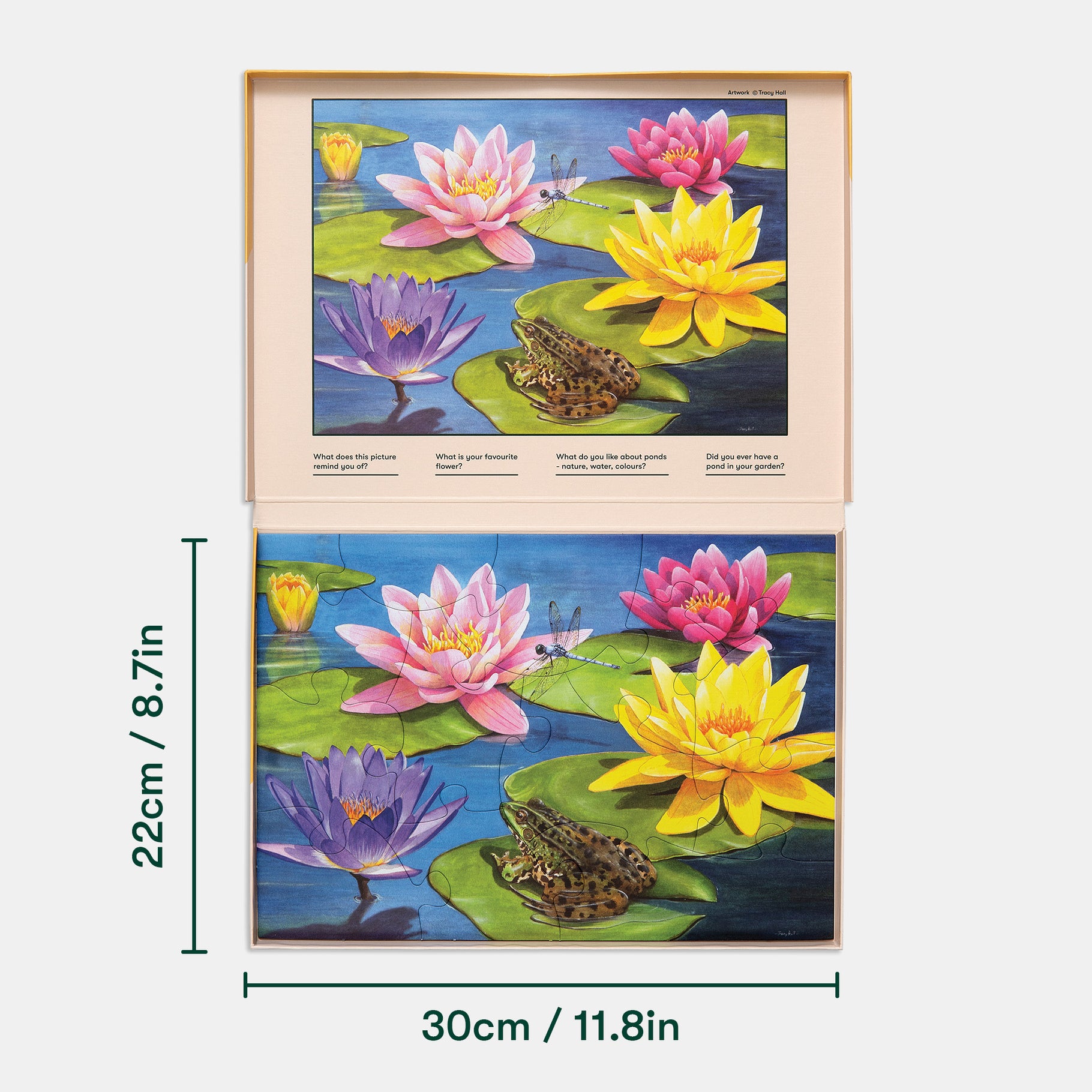 Puzzle with colorful lilies and frog, ideal for dementia activities, care home activities, and gifts for dementia patients.