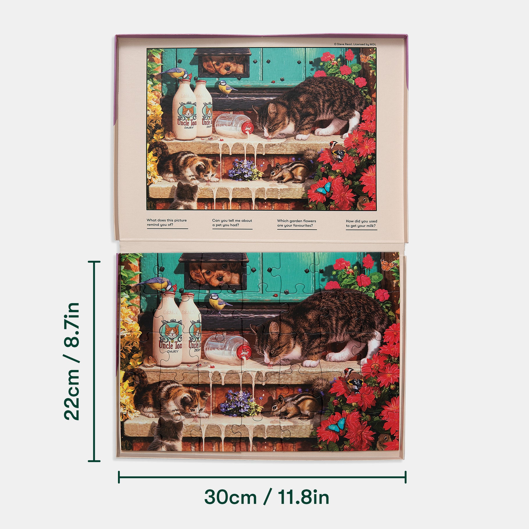 Puzzle with cats and milk, ideal for dementia activities. Engages elderly in care homes with arts and crafts for dementia.