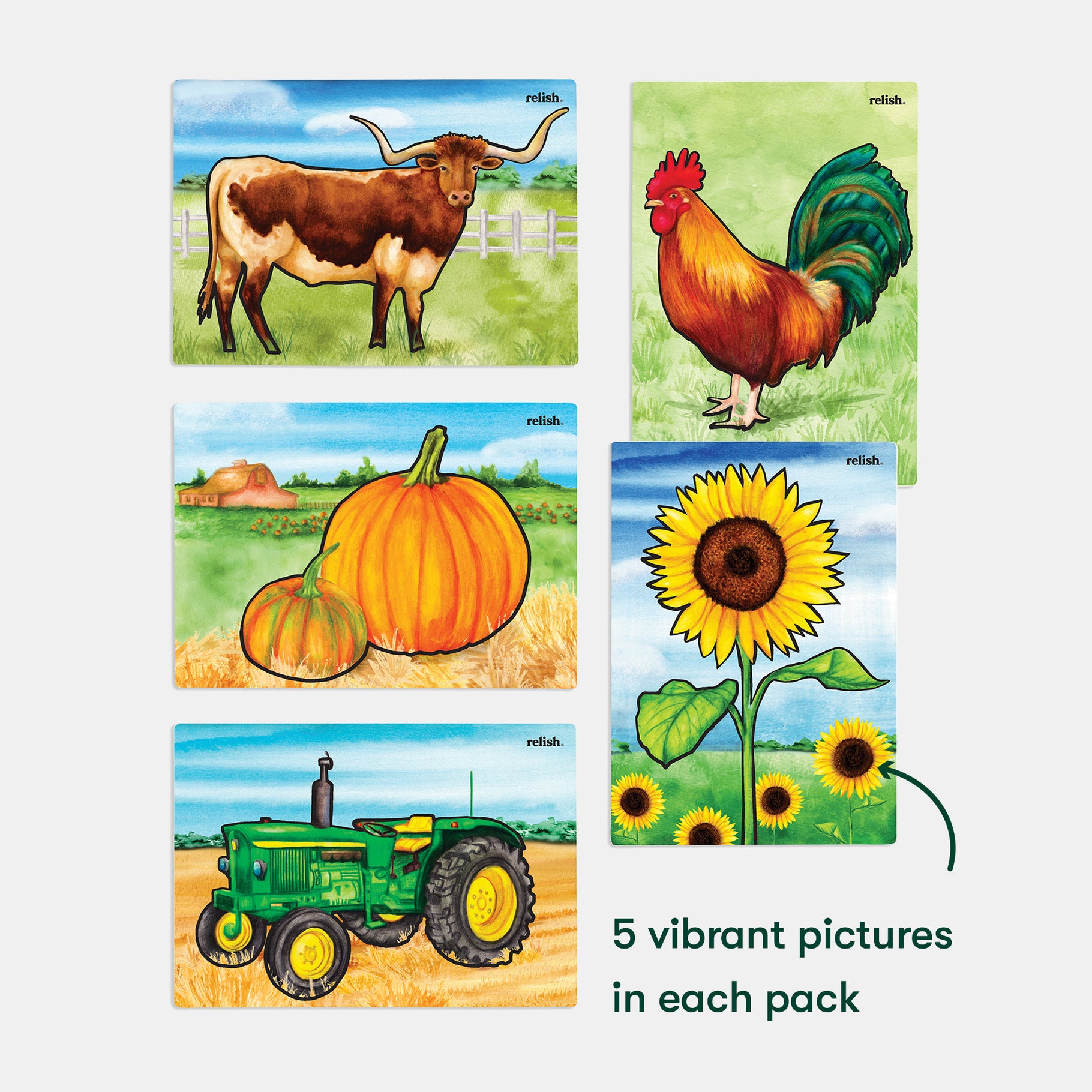 Five vibrant illustrations featuring farm animals, plants, and machinery, designed for those with dementia.
