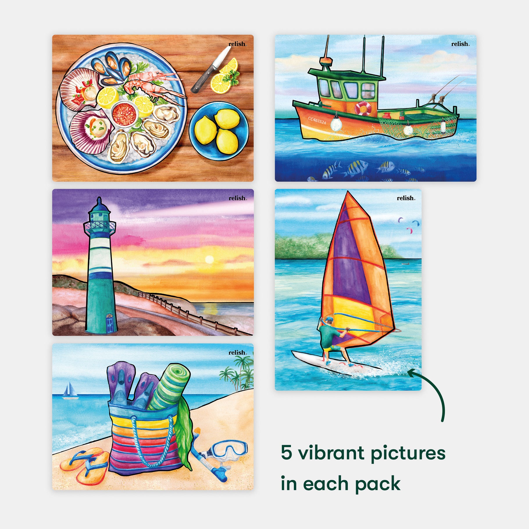 Five vibrant, colourful scenes, ideal for engaging those with dementia, are displayed in a set from Relish.