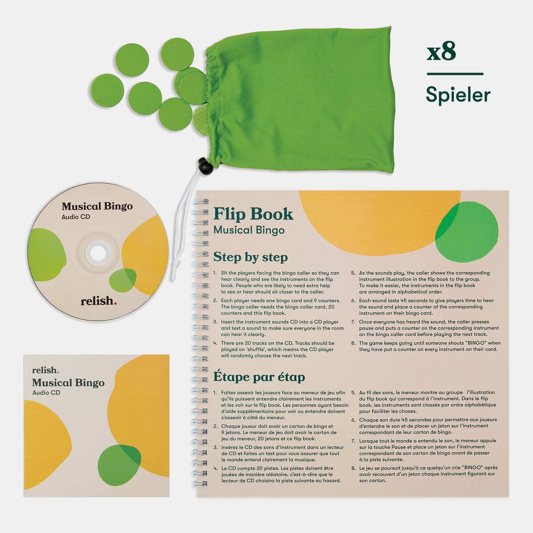 Musical Bingo set with CD, flip book, and counters for dementia activities, ideal for care homes and elderly engagement.