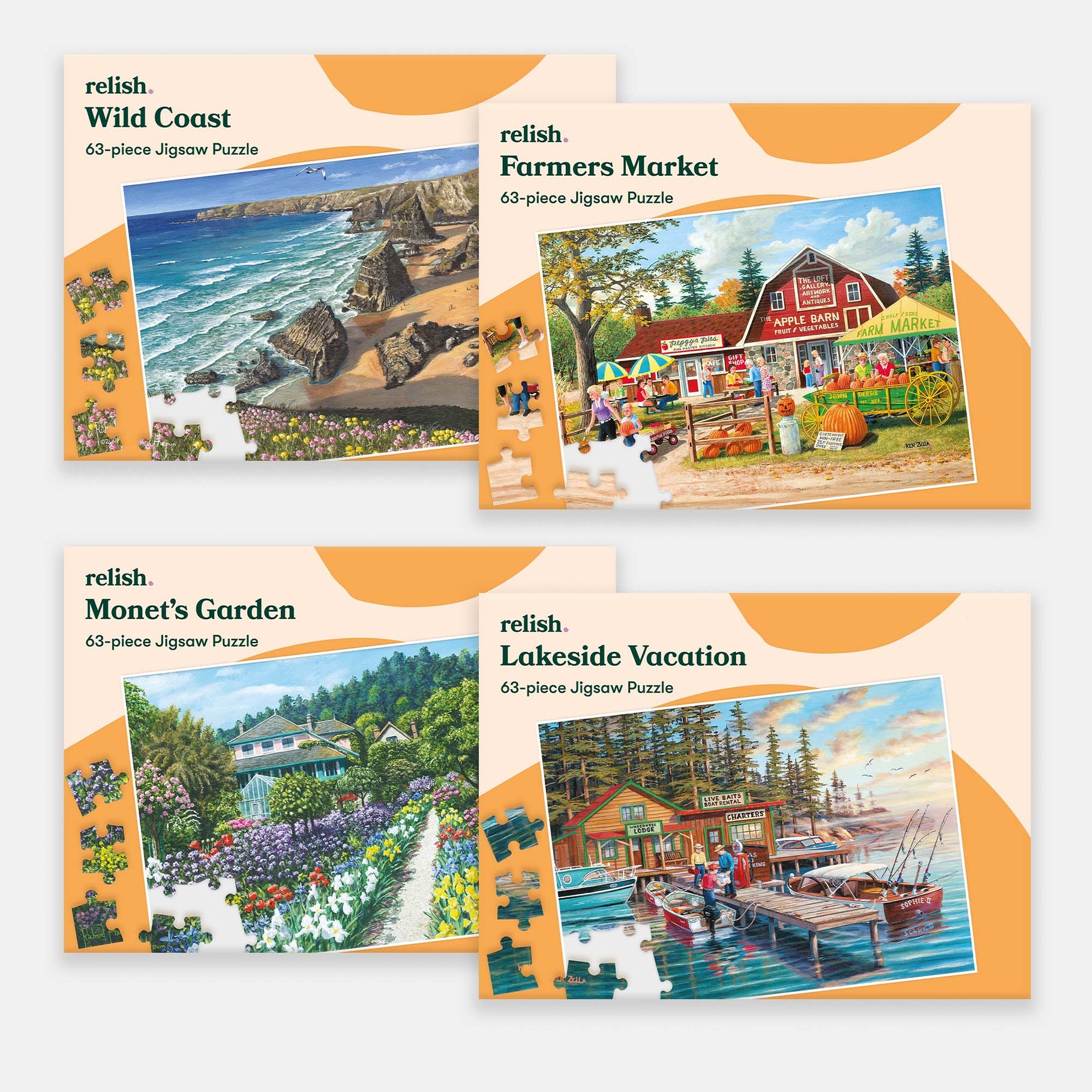 Four 63-piece jigsaw puzzles for people living with dementia, featuring scenic themes. Ideal activities for elderly in care homes.