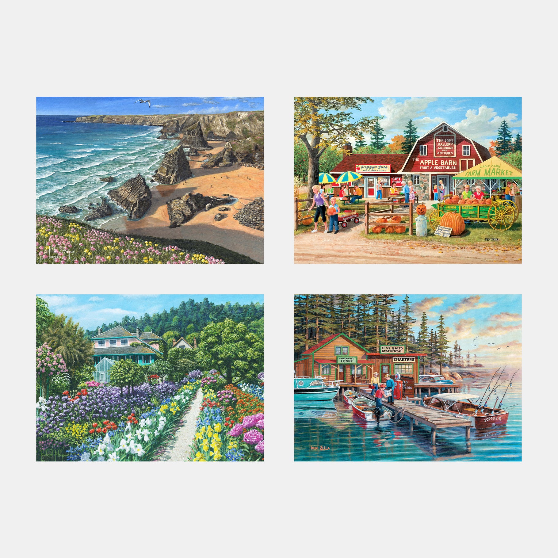 Four vibrant scenes depict activities for people living with dementia, ideal as dementia gifts or puzzles for elderly in care homes.