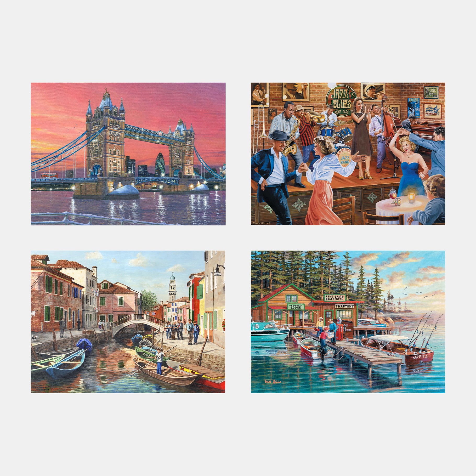 Four vibrant paintings depict lively scenes, ideal for dementia activities, promoting engagement and joy for care home residents.