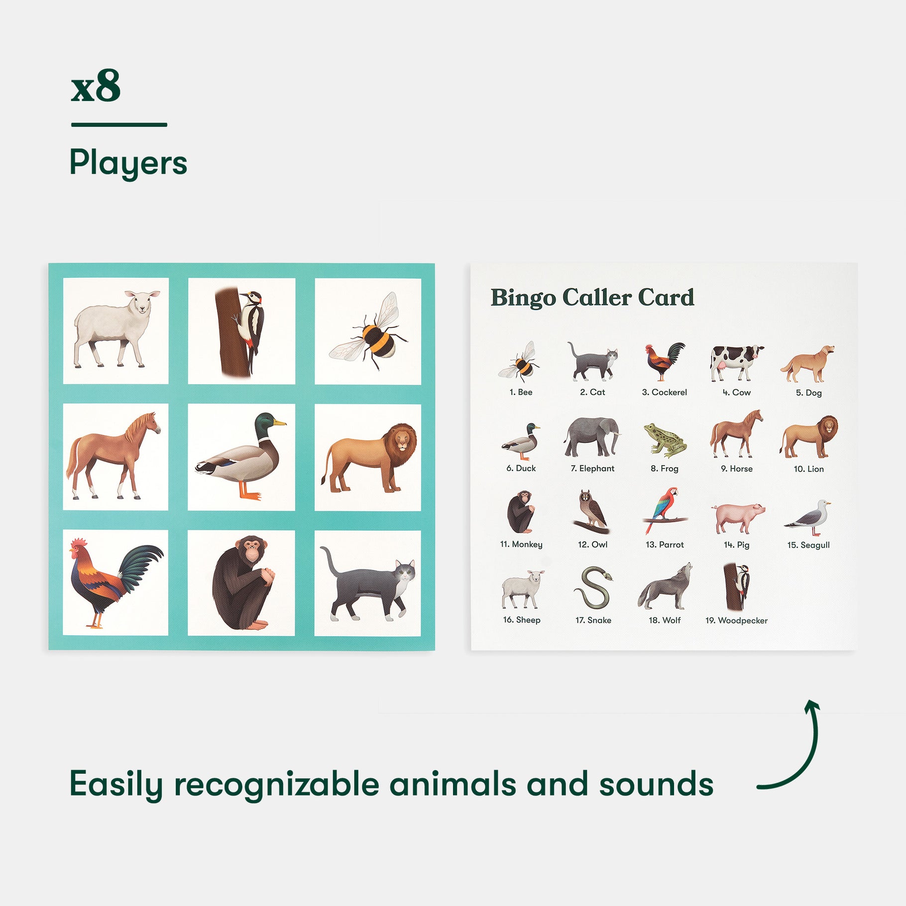 Animal bingo game for people living with dementia, featuring cards with animals, ideal for care home activities and sensory engagement.