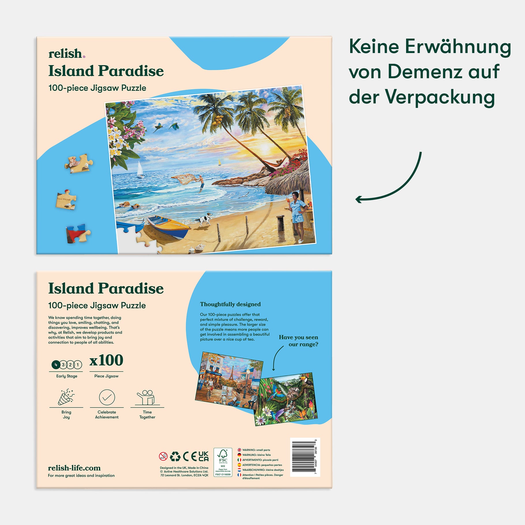 Jigsaw puzzle box with beach scene, ideal for dementia activities, care home residents, and elderly engagement.