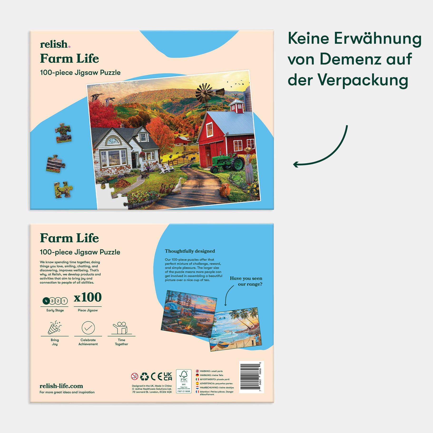 Jigsaw puzzle box with farm scene, ideal for dementia activities, gifts for elderly, and care home activities.