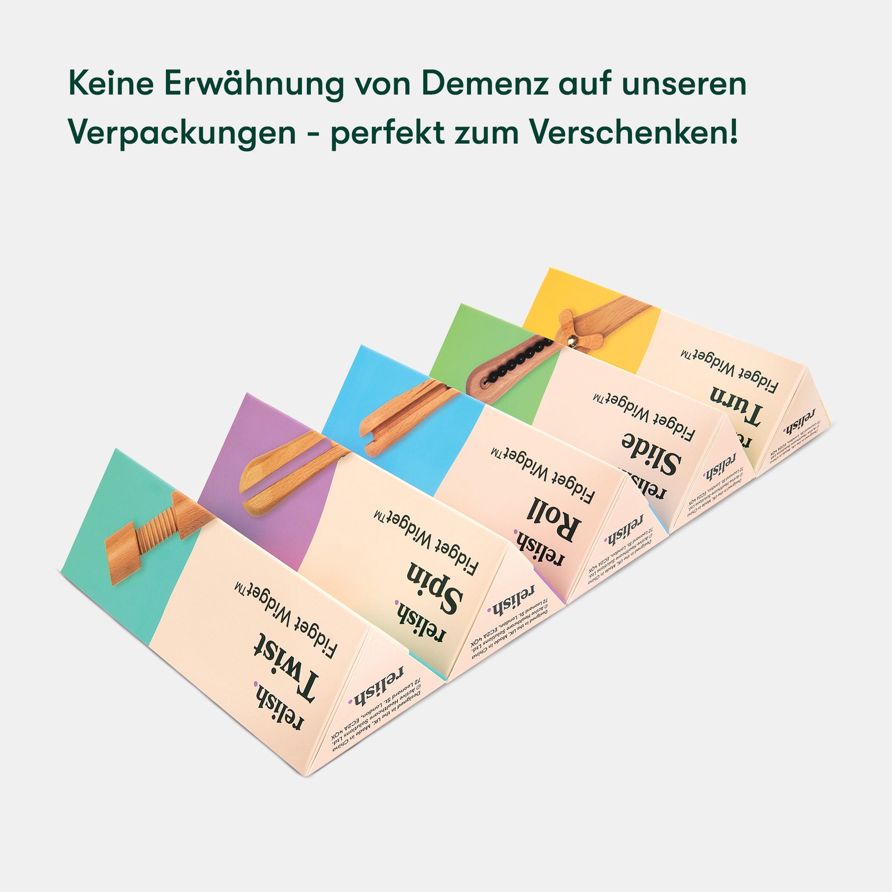 Colorful packaging of fidget widgets for dementia patients, perfect gifts for elderly in care homes, promoting engagement.