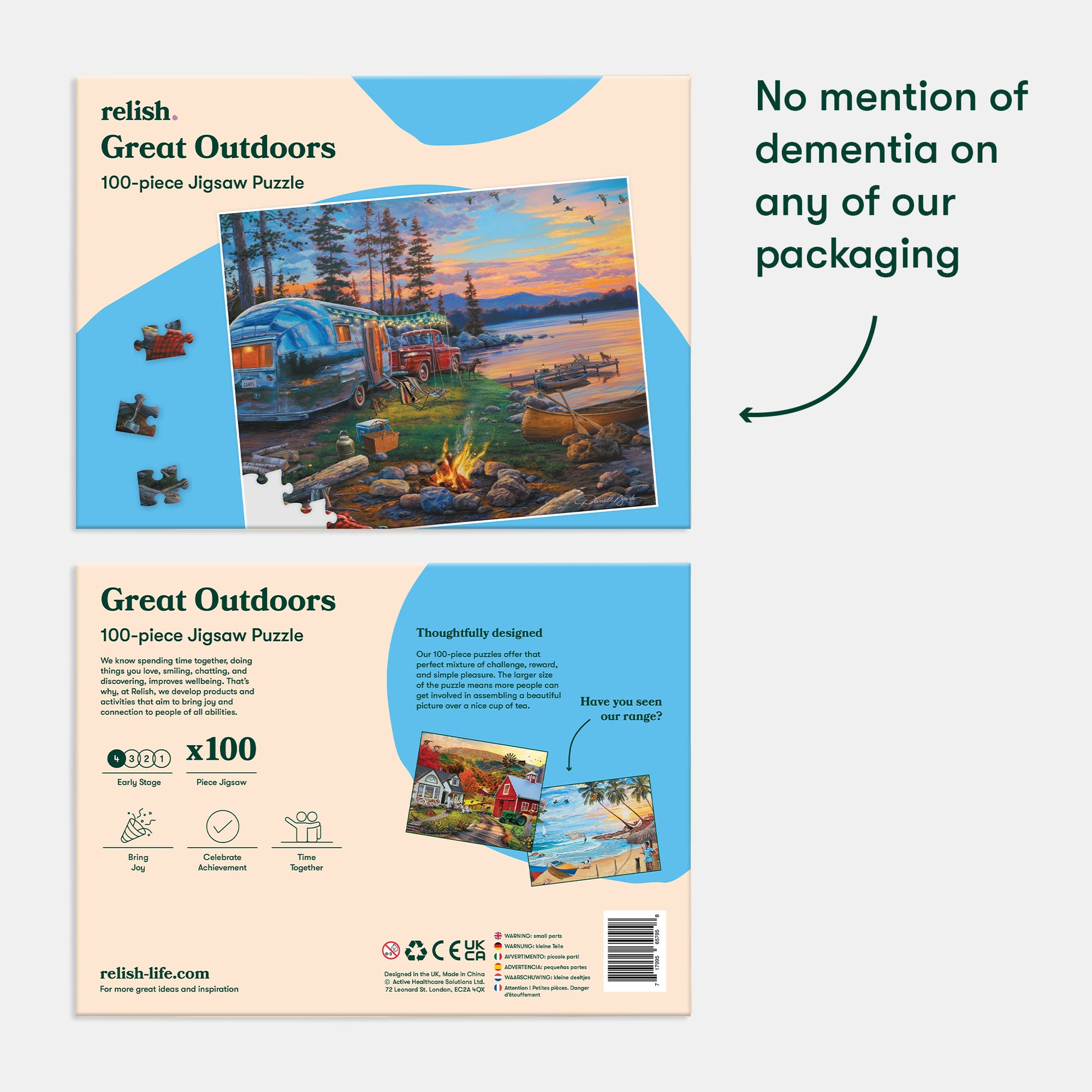 Jigsaw puzzle packaging featuring a serene outdoor scene; designed for cognitive engagement without mentioning dementia.