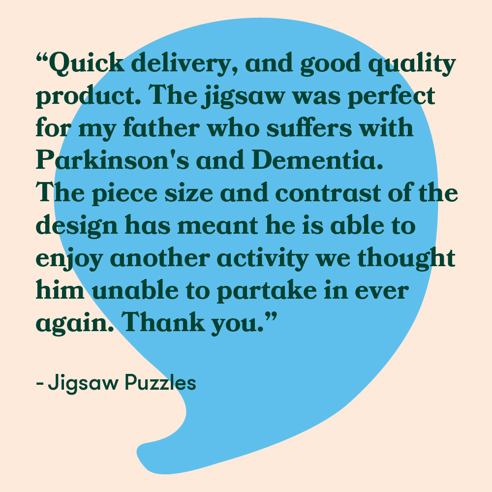 Customer review praising jigsaw puzzles for people living with dementia, highlighting ease of use and enjoyment for elderly with dementia.