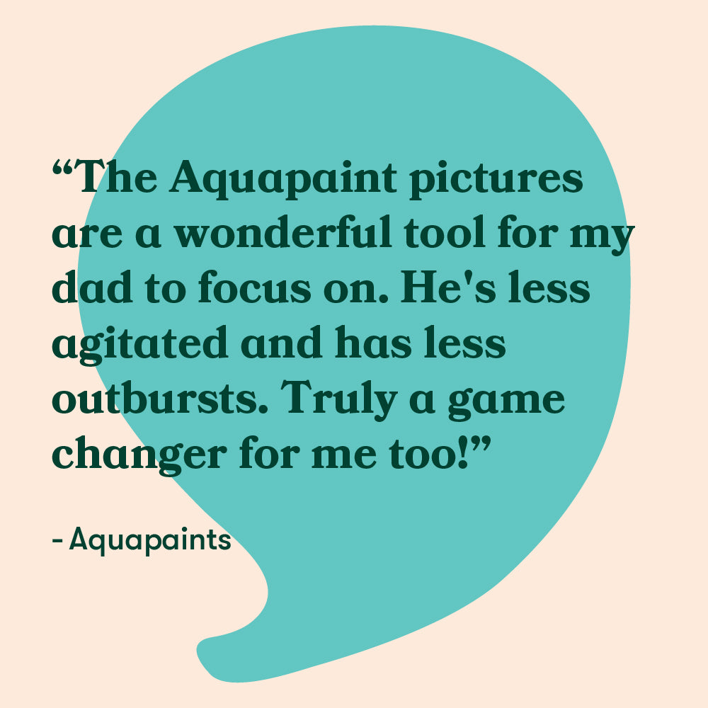 Testimonial praising Aquapaint as beneficial for reducing agitation in dementia patients.