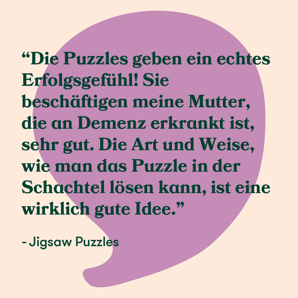 Puzzle quote in German highlights dementia activities, emphasizing jigsaw puzzles as engaging gifts for people with dementia.