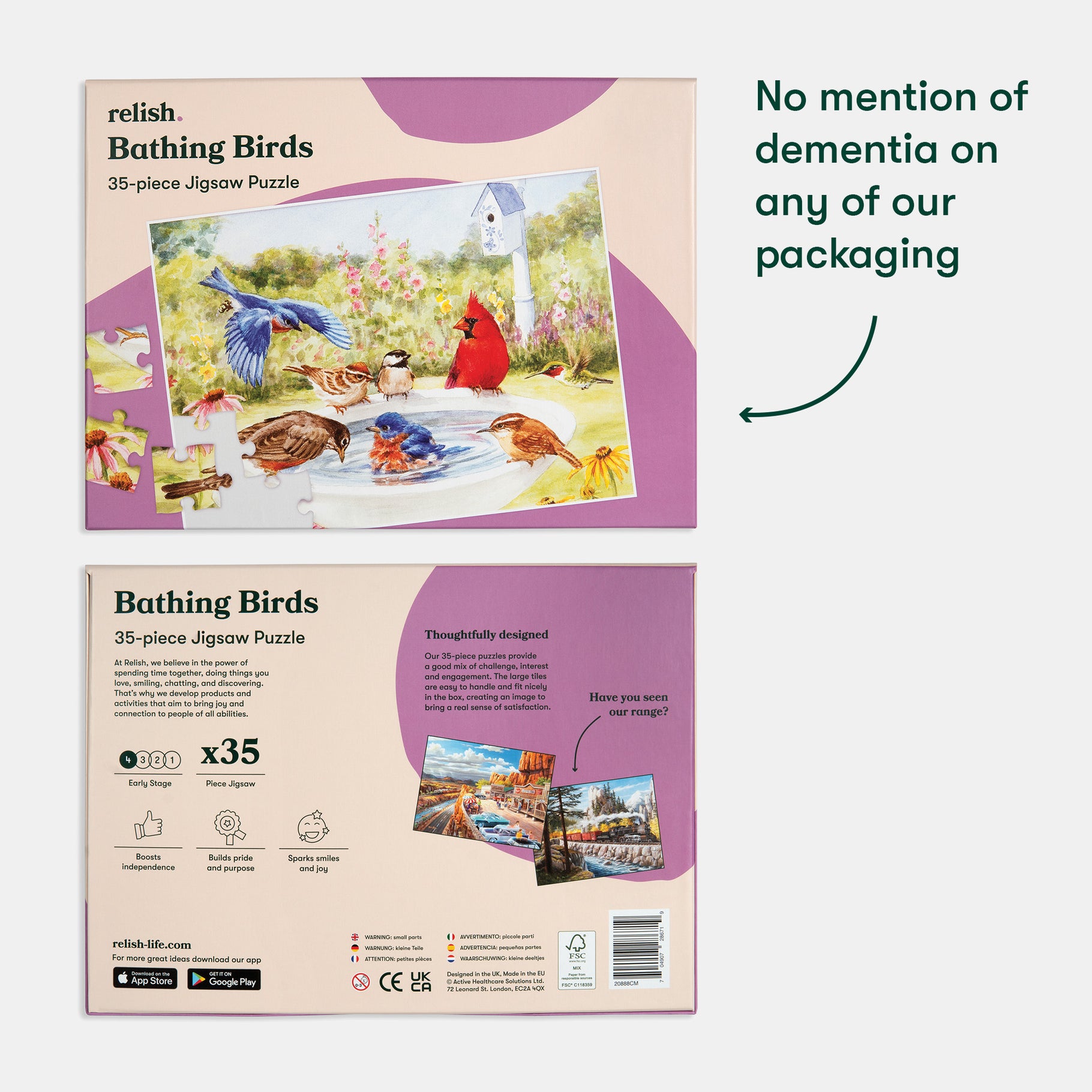 Jigsaw puzzle box for dementia activities, featuring birds, ideal for care homes and gifts for elderly with Alzheimer's.