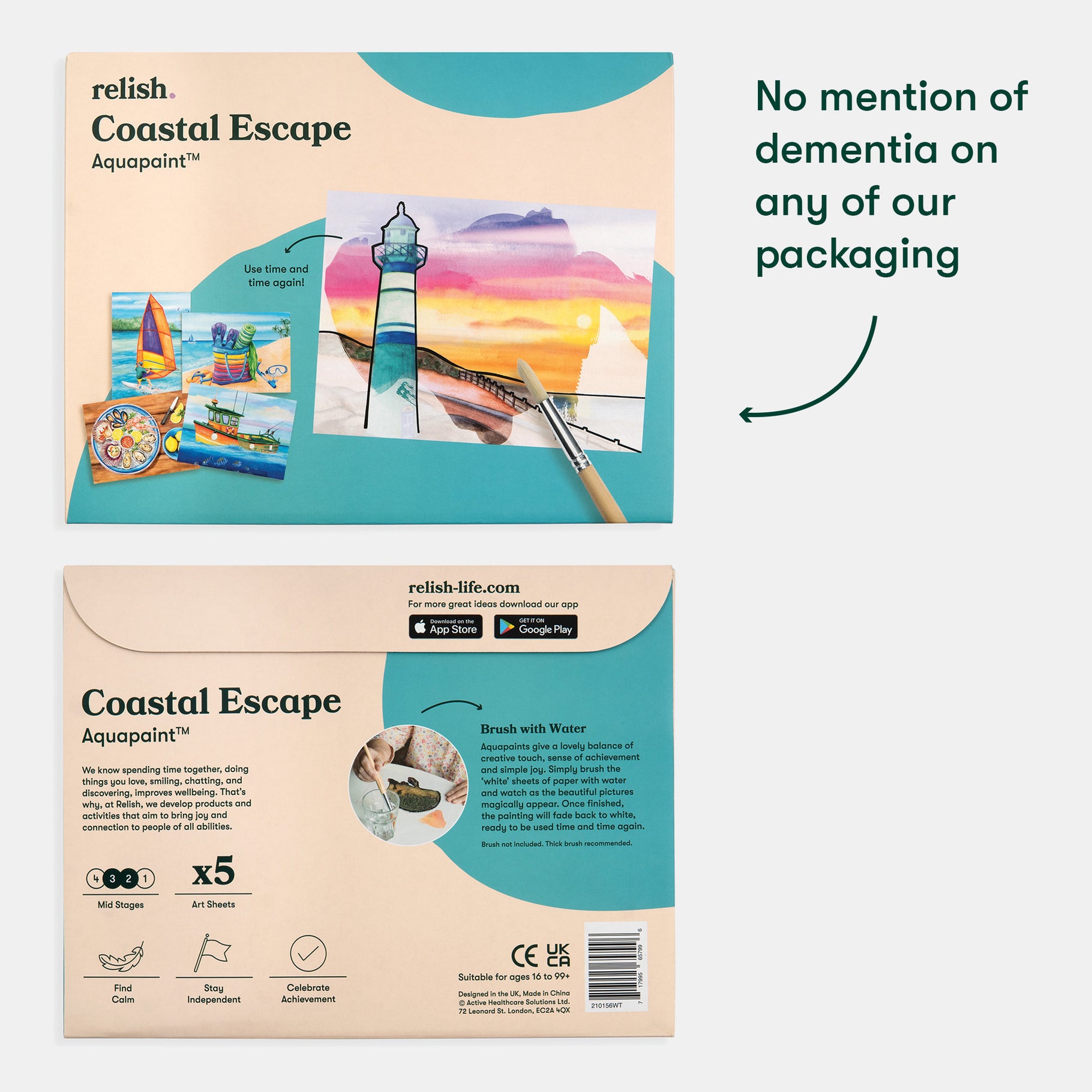 Relish Coastal Escape Aquapaint kit for creative engagement, no mention of dementia on packaging, suitable for all abilities.