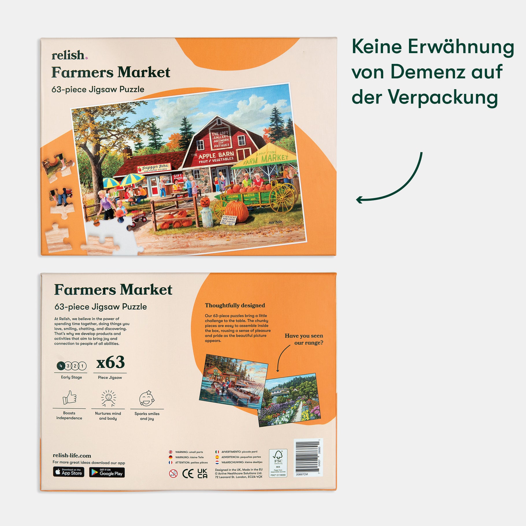 Jigsaw puzzle box for dementia patients, featuring a colorful market scene, designed for elderly care home activities and engagement.