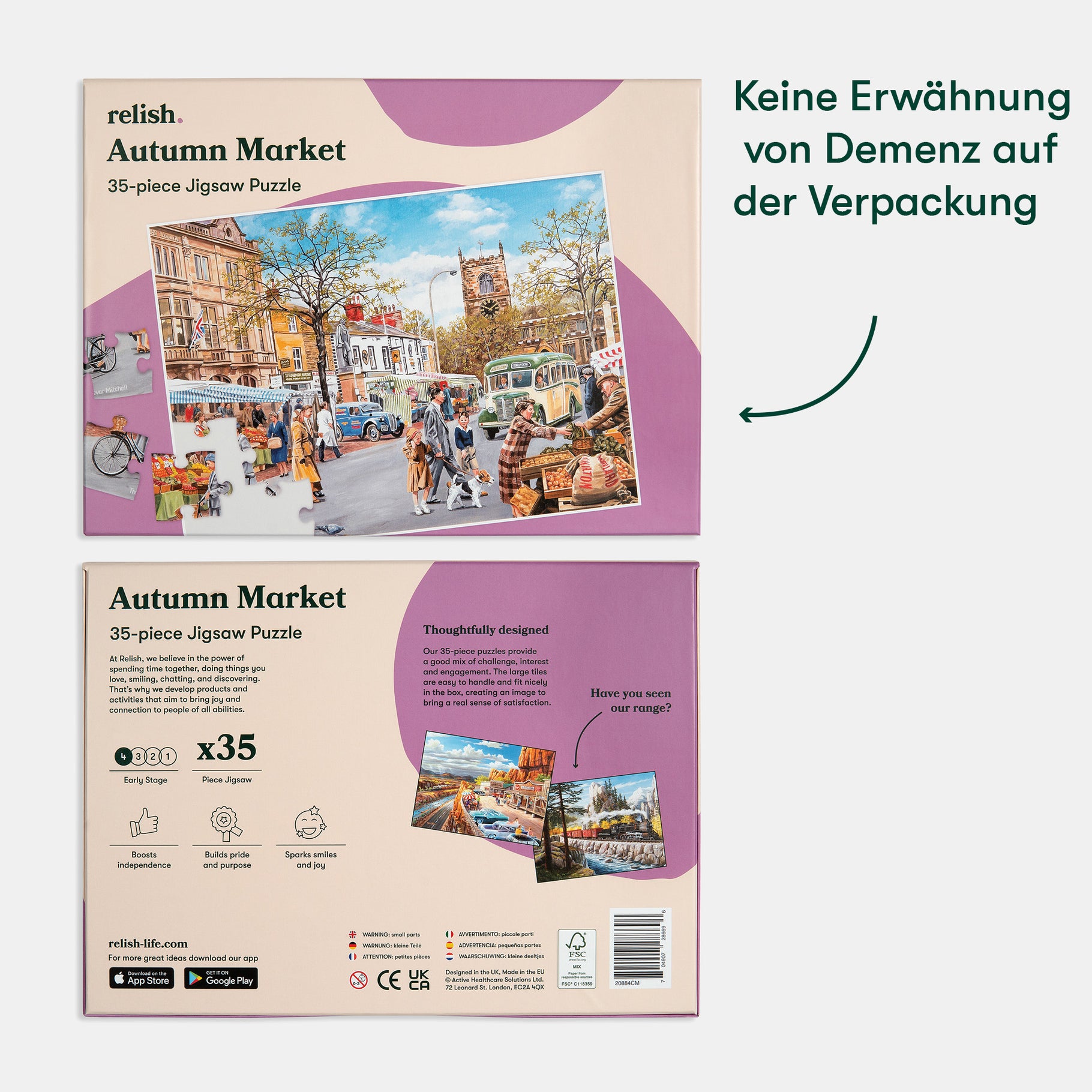 Jigsaw puzzle box for dementia patients, featuring an autumn market scene, ideal for care home activities and dementia gifts.