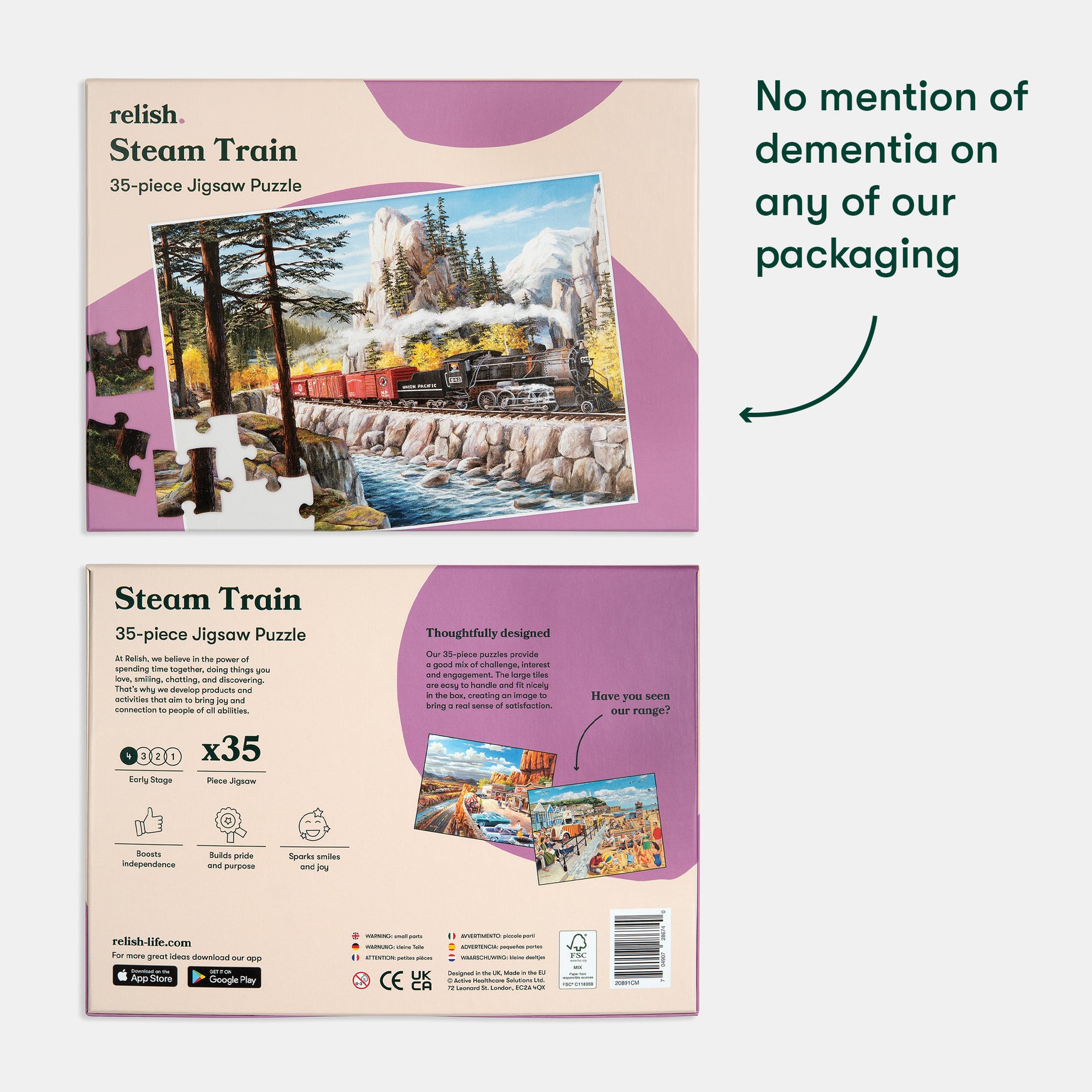 Steam Train jigsaw puzzle for people living with dementia, promoting engagement and joy in care homes. Ideal for elderly activities.