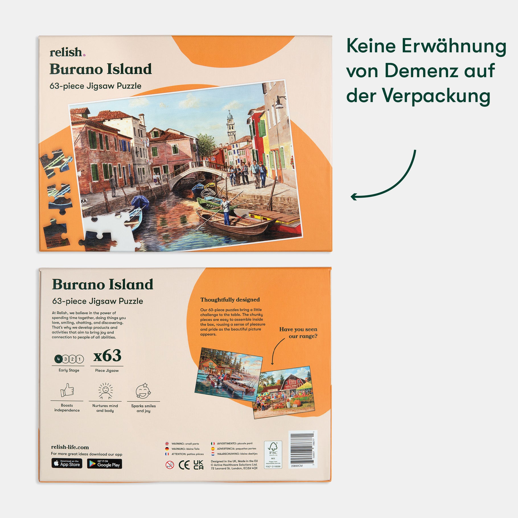 Puzzle box for dementia patients, featuring a colorful Burano Island scene, ideal for care home activities and gifts.