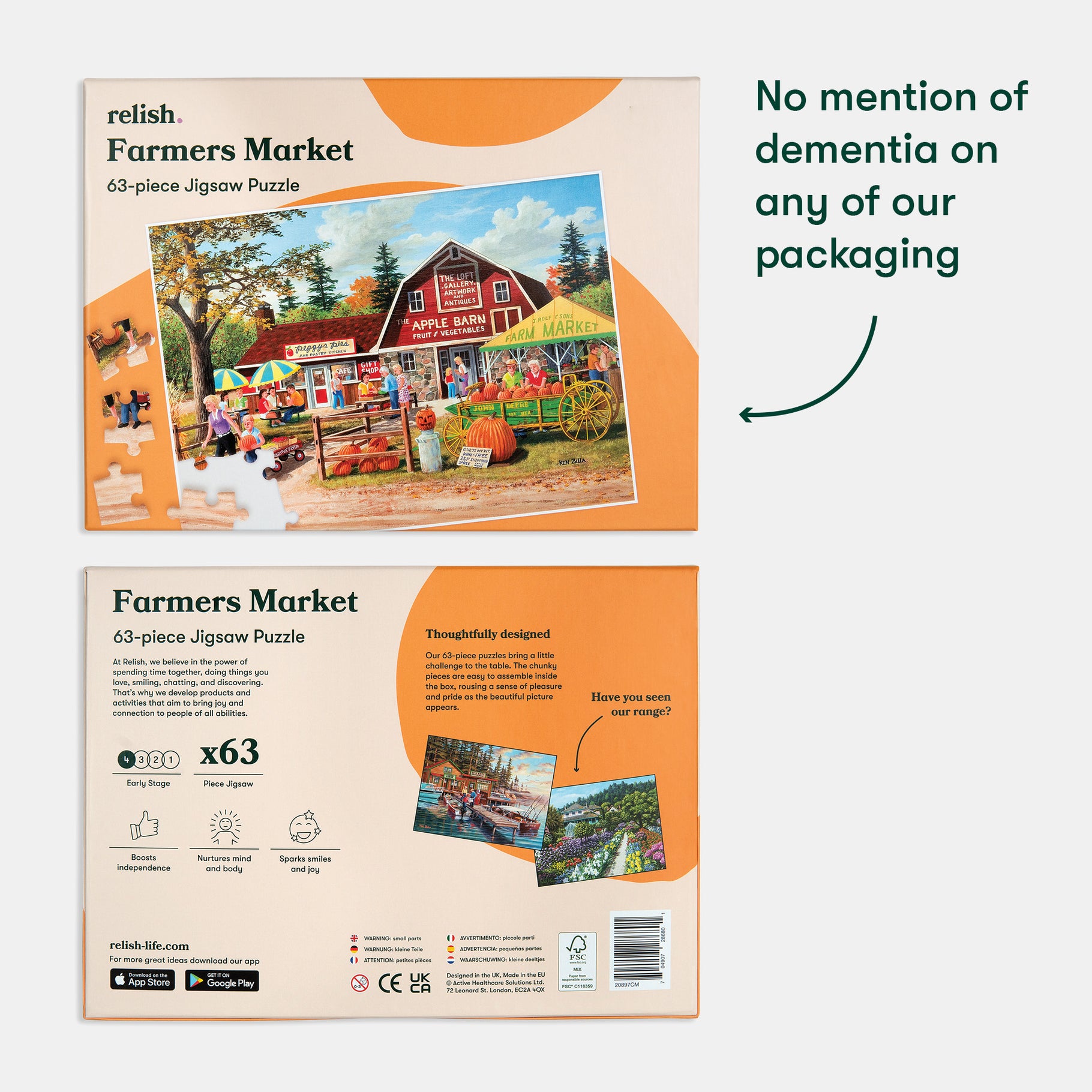 Jigsaw puzzle box for dementia activities, ideal for care homes, featuring a colorful farmers market scene, 63 pieces.