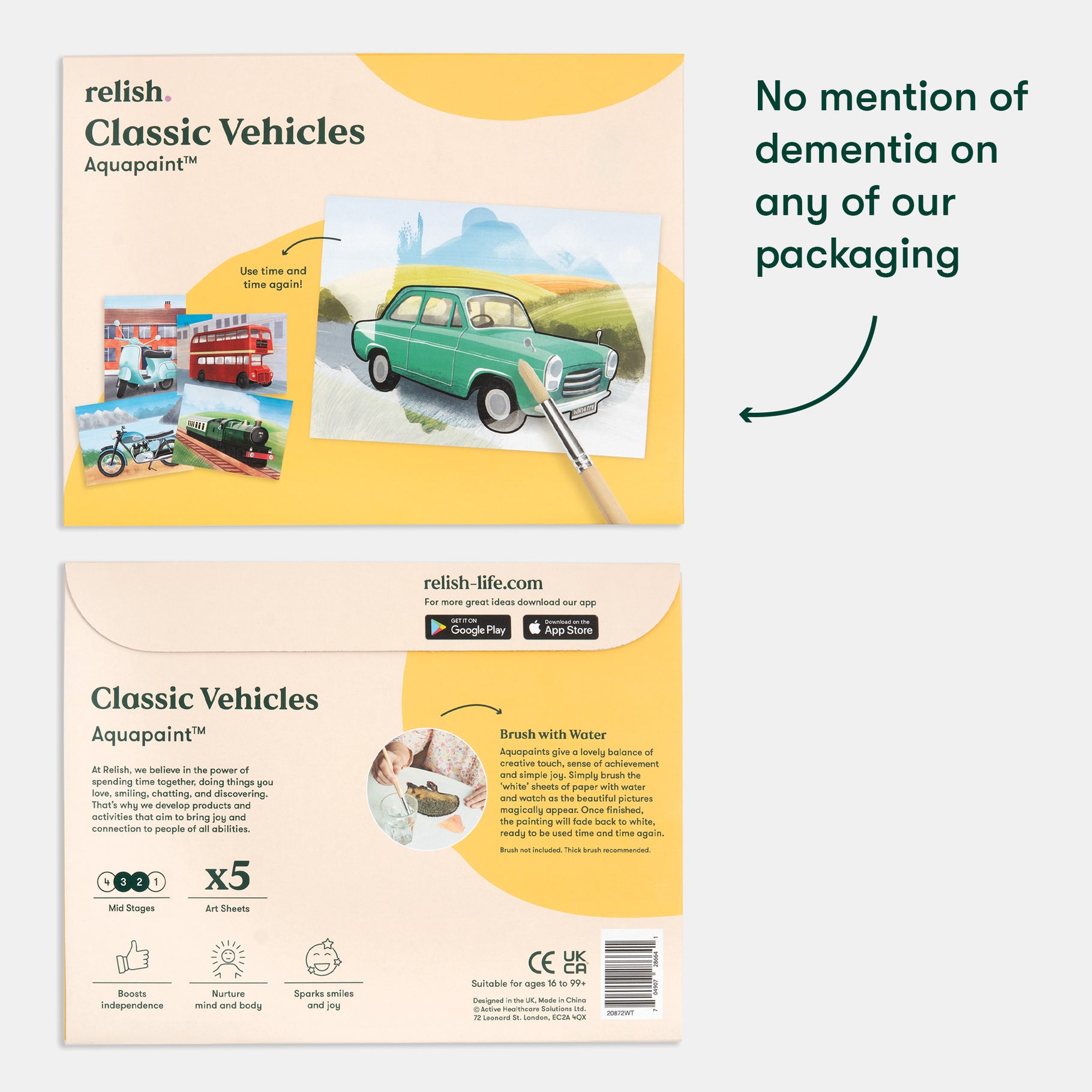 Packaging for Relish Aquapaint featuring classic vehicles, designed for creative engagement without specific mention of dementia.