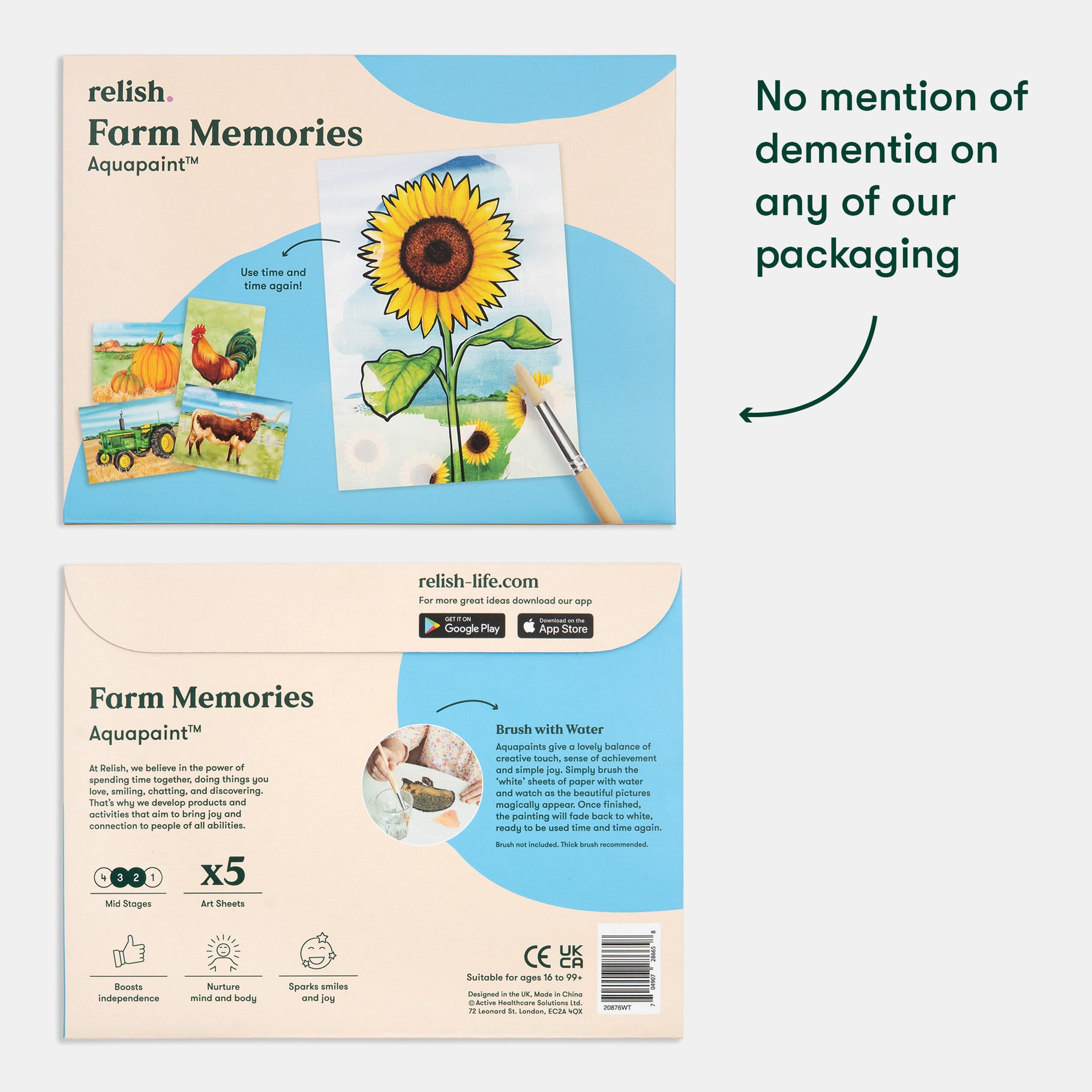 Relish packaging for Aquapaint Farm Memories, a creative activity designed for all abilities, including those with dementia.
