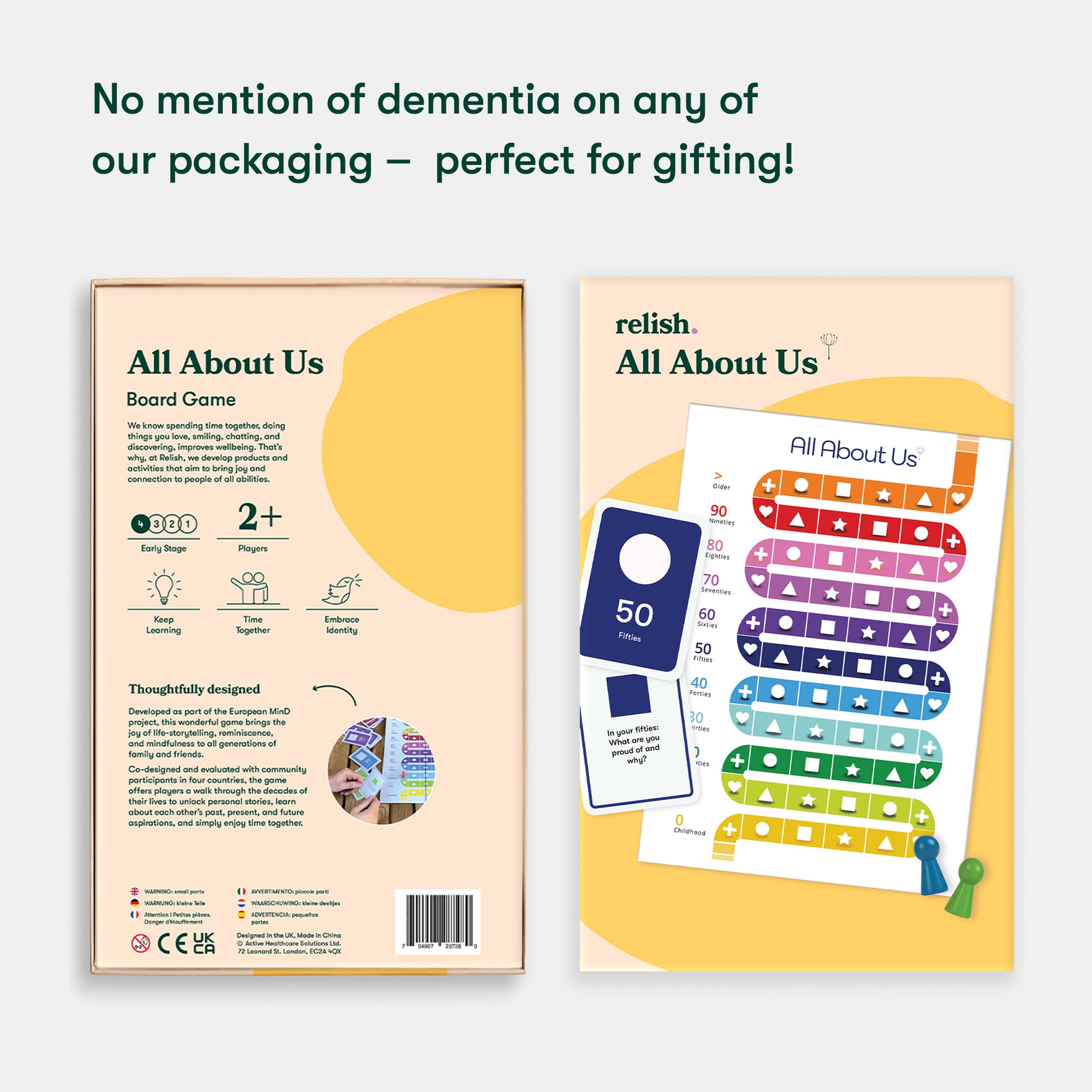 Board game packaging for dementia-friendly activities, ideal for care homes and gifts, promoting engagement and connection.