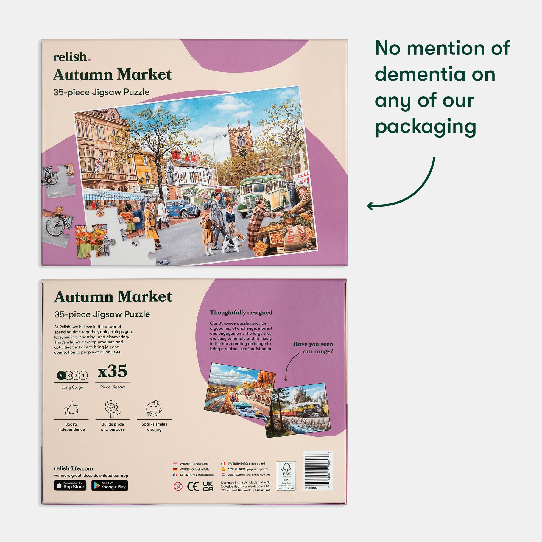 Jigsaw puzzle box for people living with dementia, featuring an autumn market scene, designed for care home activities and engagement.