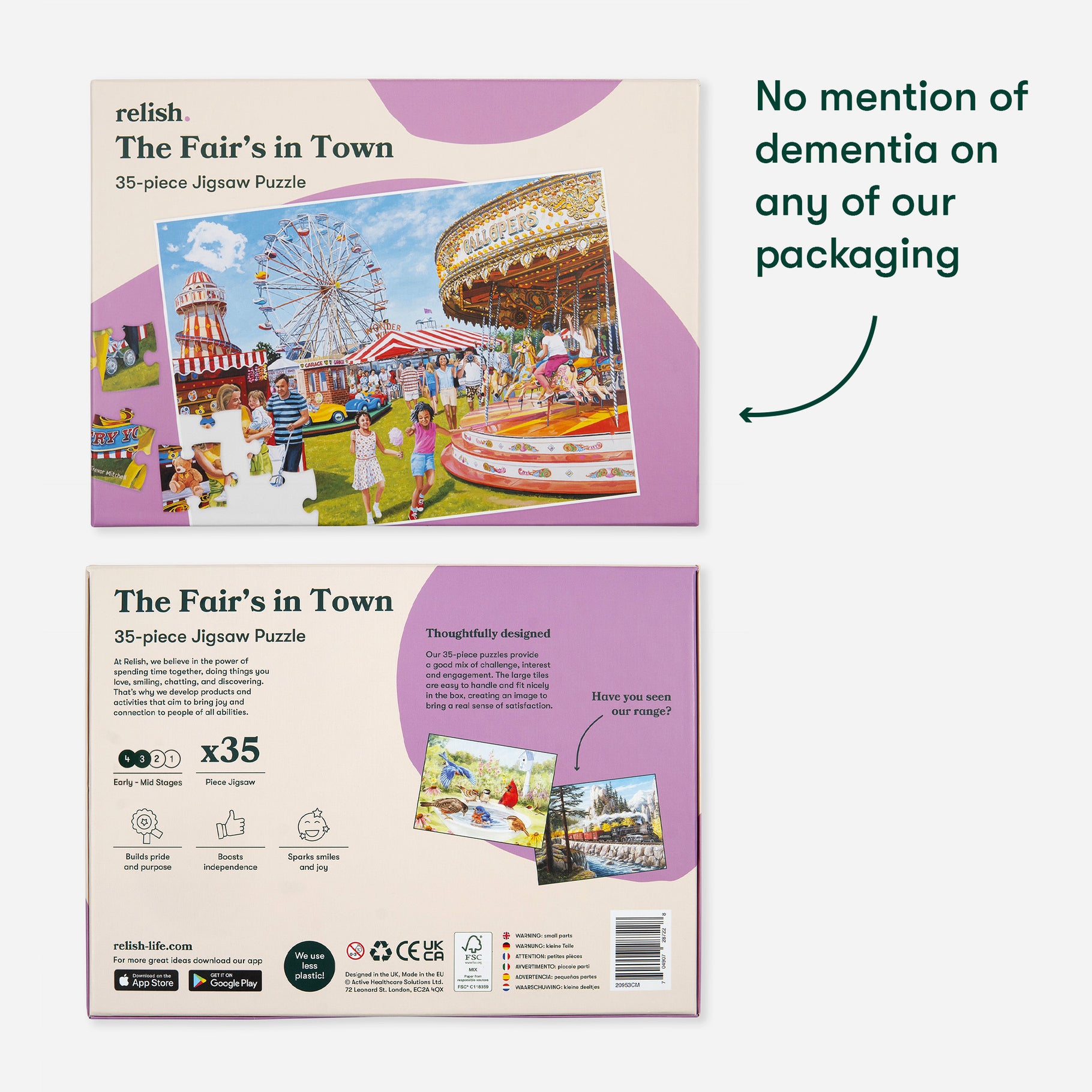 Jigsaw puzzle box for dementia patients, featuring a fair scene. Ideal for care home activities and gifts for the elderly.