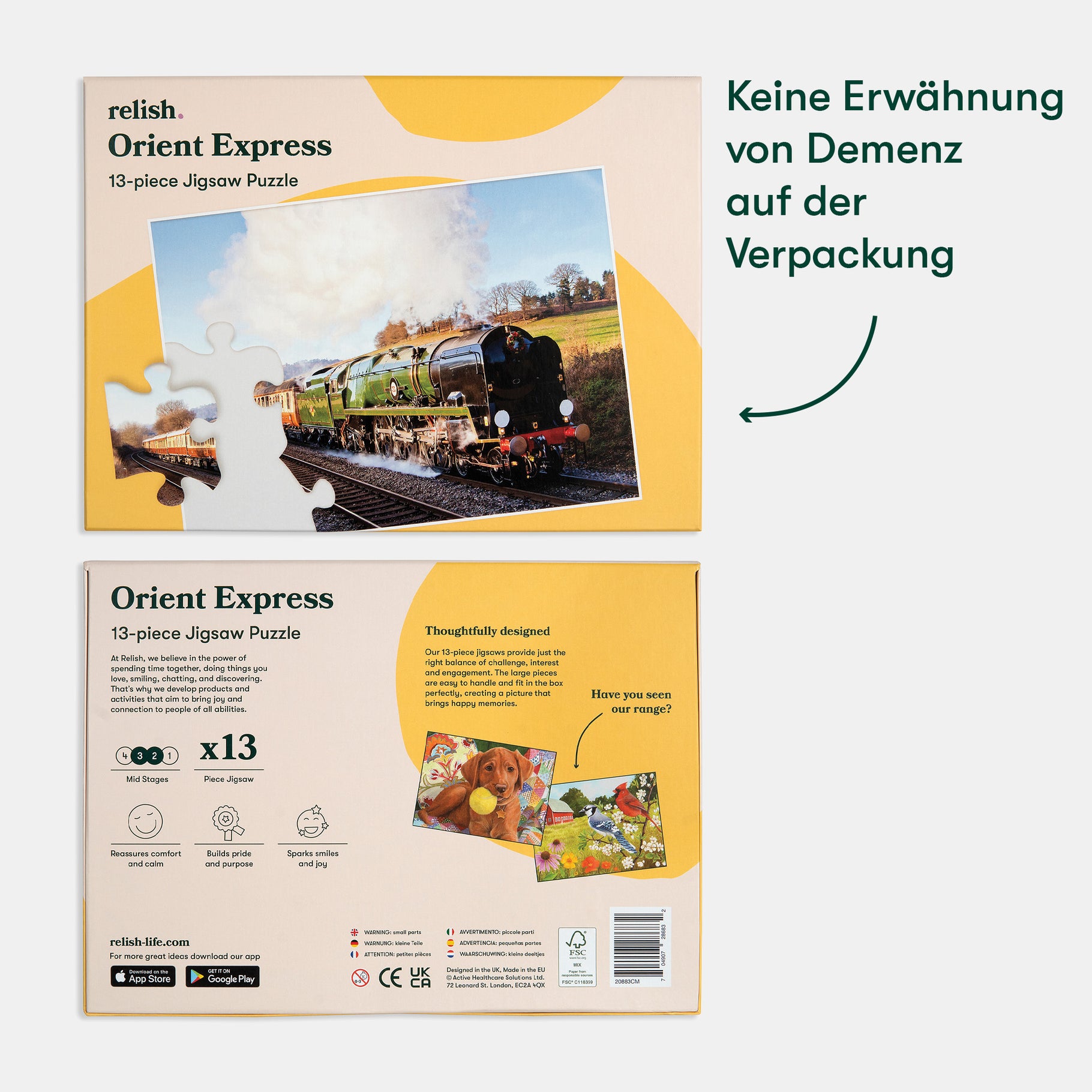 Jigsaw puzzle box for dementia patients, featuring a train image. Ideal for care home activities and gifts for the elderly.