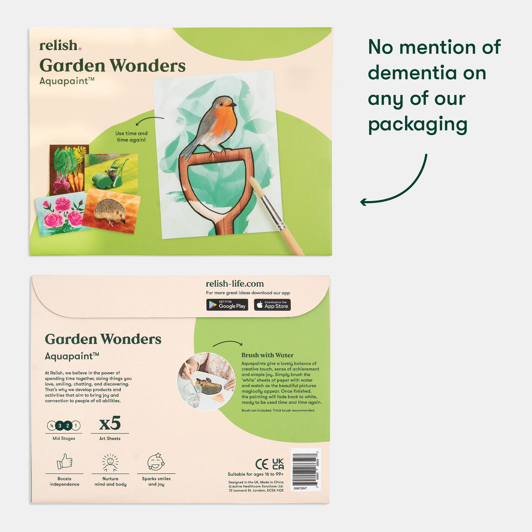 Packaging for Relish's Garden Wonders Aquapaint, highlighting activities for creative engagement without mentioning dementia.