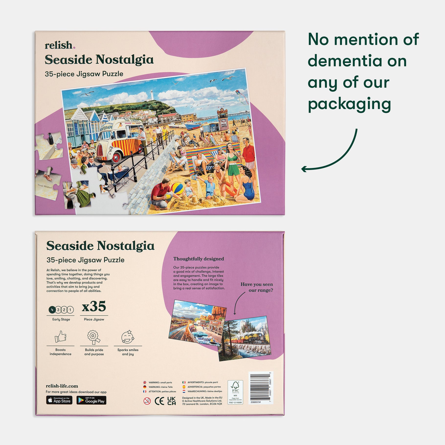 Puzzle box with seaside scene, ideal for dementia activities. No dementia mention on packaging. Perfect for care home residents.