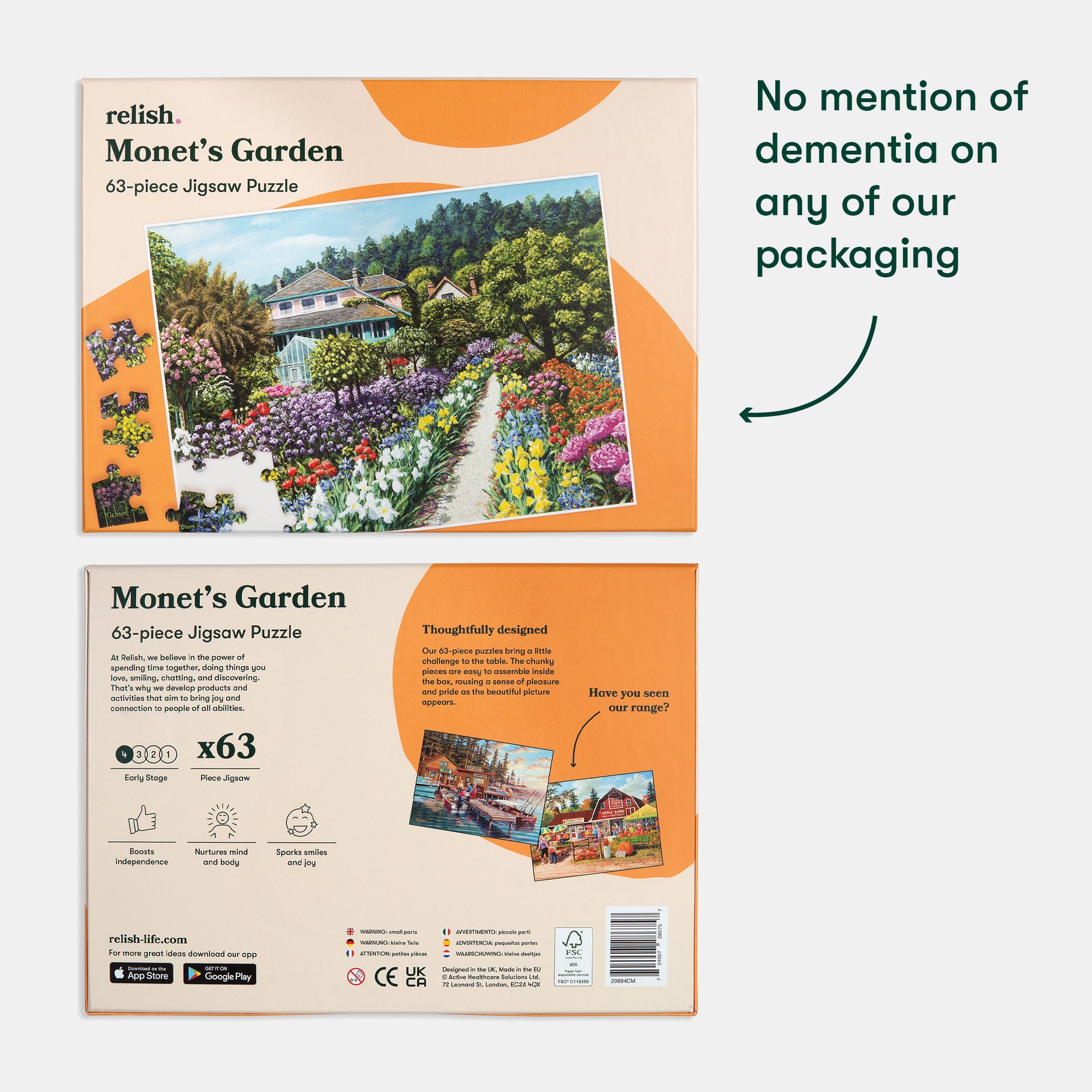 Puzzle box labeled "Monet's Garden" by Relish Life, designed for dementia care, features vibrant garden scene, 63 pieces.