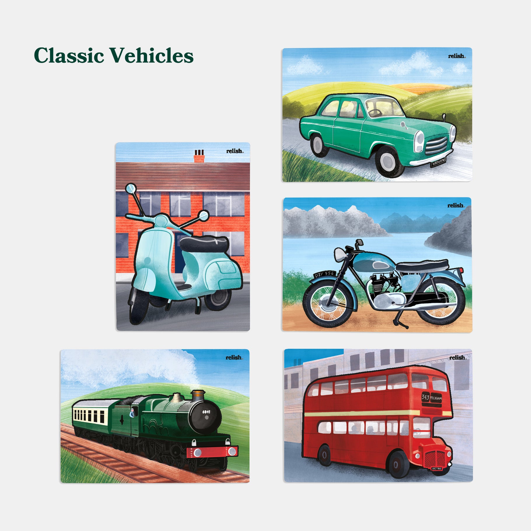 Classic vehicle illustrations for dementia activities, ideal for care homes, elderly engagement, and Alzheimer's gifts.
