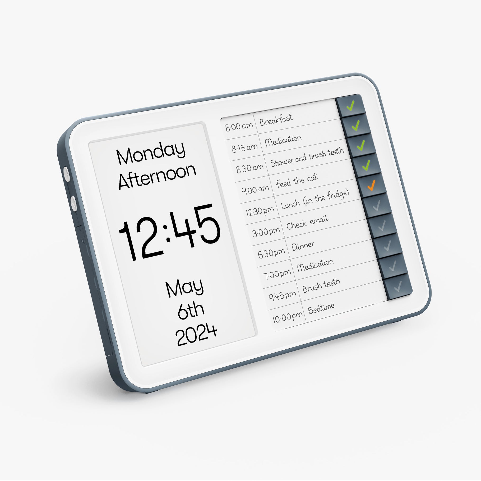 Digital dementia clock with reminders for care home activities, aiding elderly and dementia patients in daily routines.