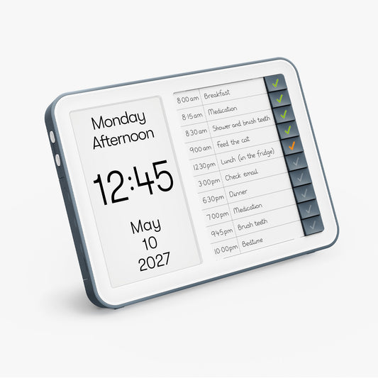 Digital dementia clock with reminders for care home activities, aiding elderly and dementia patients in daily routines.