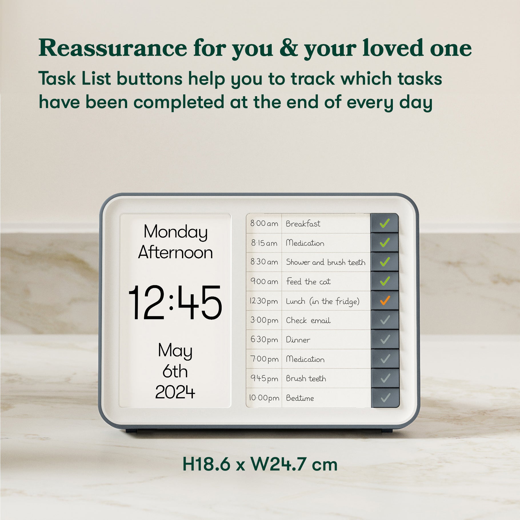 Dementia clock with reminders for care home activities, aiding elderly and Alzheimer's patients in daily task management.