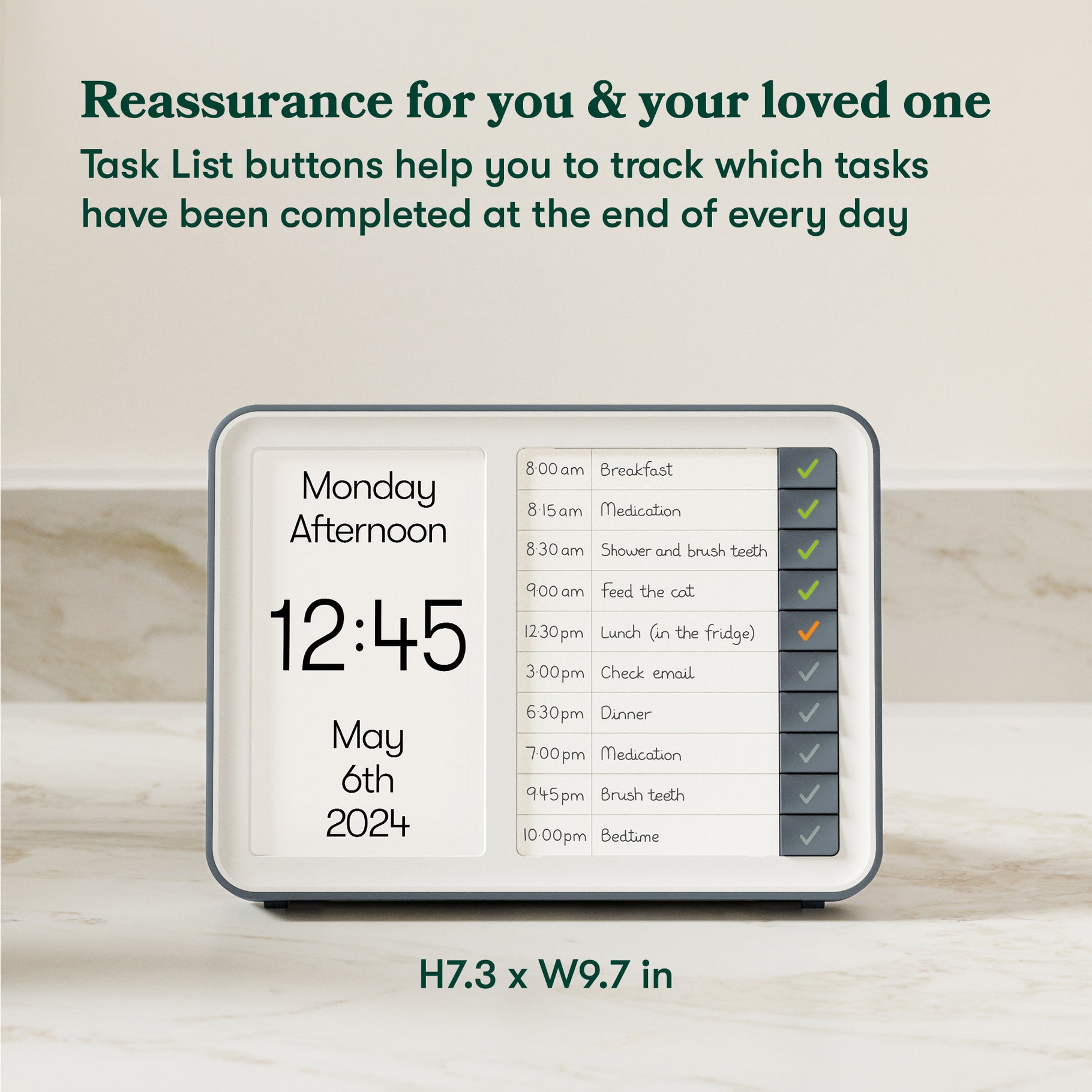 Digital dementia clock with task list for care homes, aiding elderly and dementia patients in daily activities and reminders.