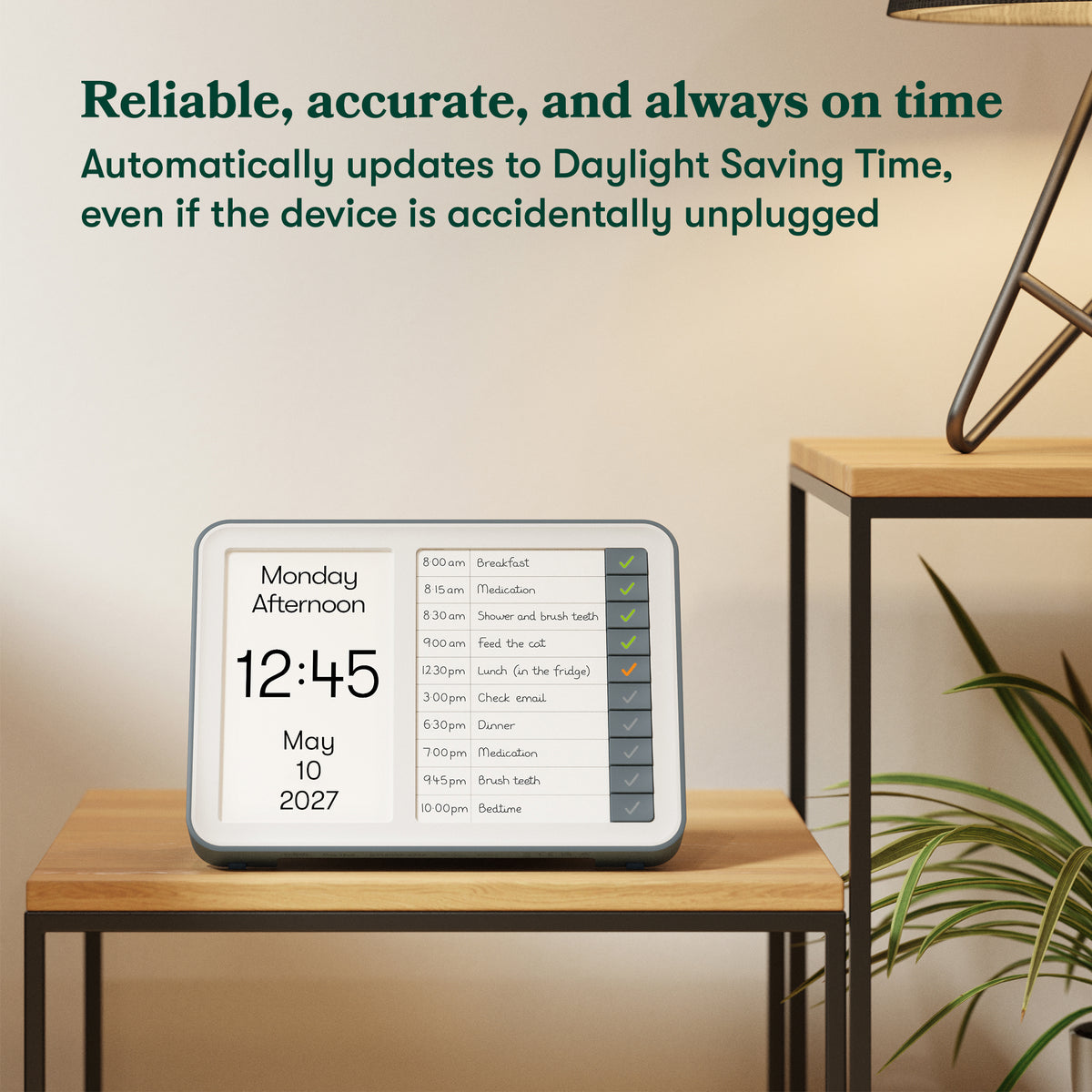 Dementia clock with reminders on a wooden table, ideal for activities for care homes and gifts for dementia patients.|market_au_ca_dk_fi_fr_ie_it_nl_pt_es_se_gb_us