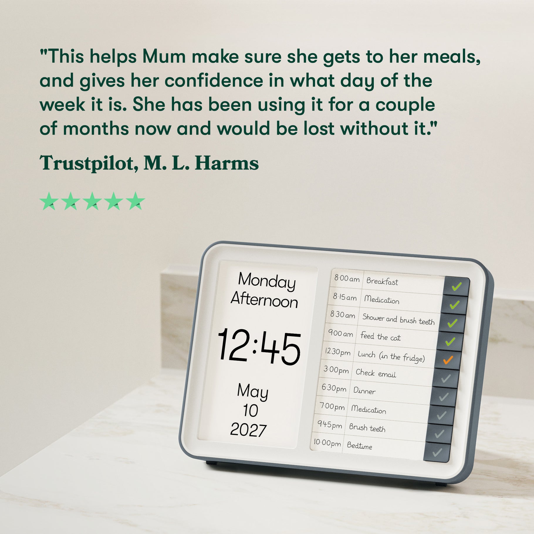 Dementia clock with reminders aids elderly care, enhancing daily routine confidence. Ideal Alzheimer's gift for care homes.