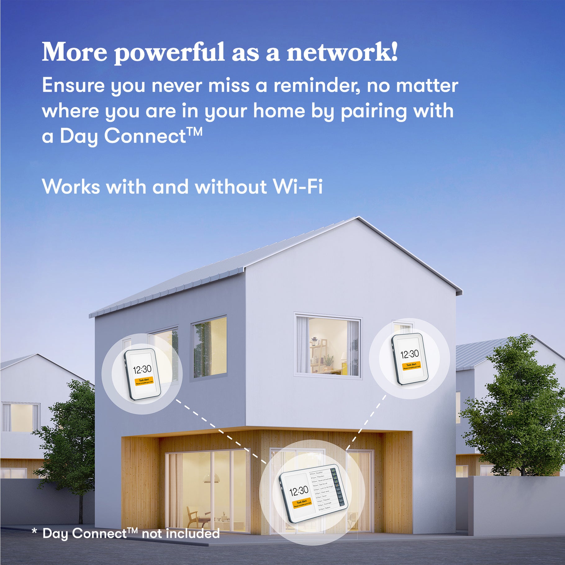 Smart home with Day Connect clocks for dementia, enhancing care home activities and reminders, with or without Wi-Fi.