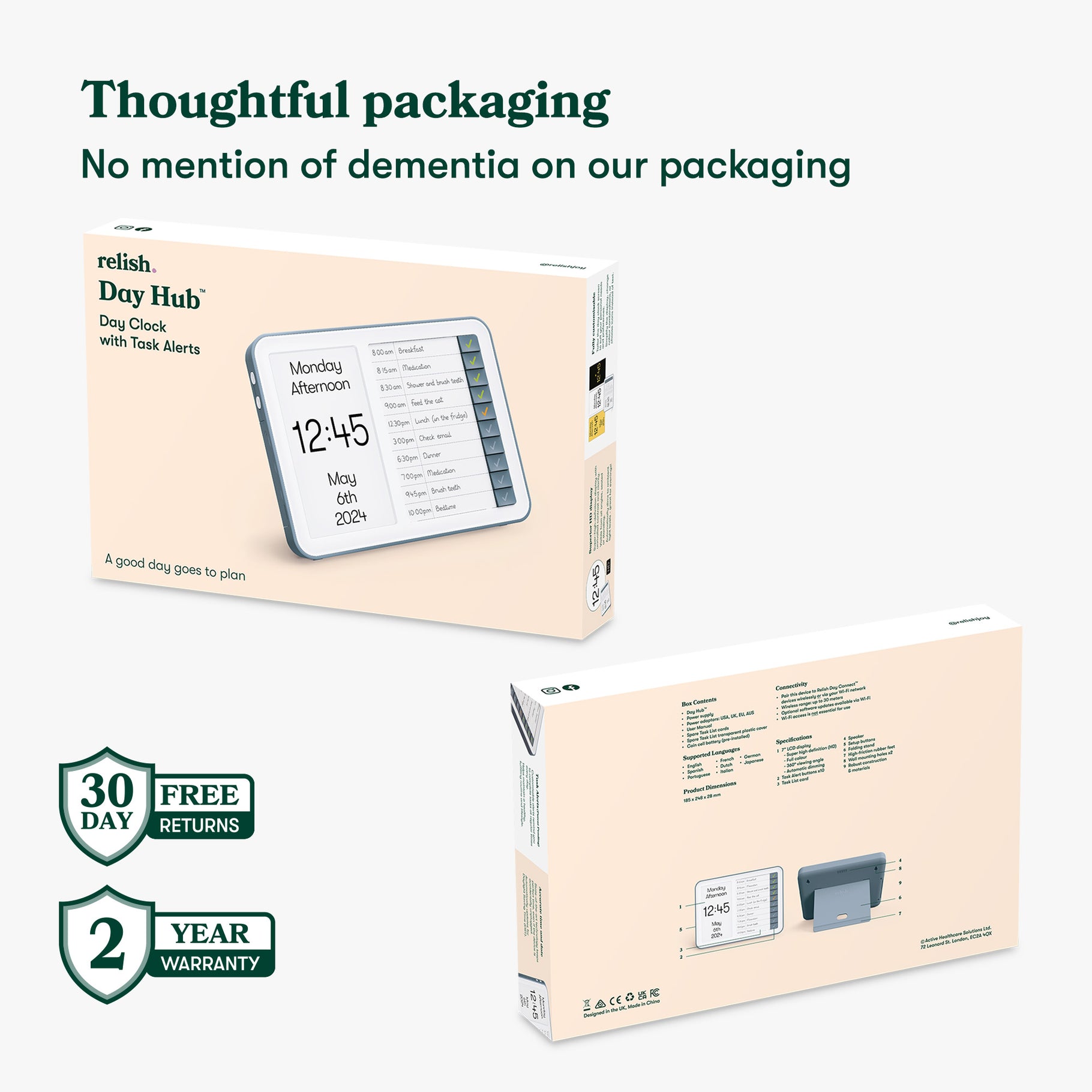Packaging for a dementia clock with task alerts, ideal for care homes and dementia patients, offering thoughtful design.