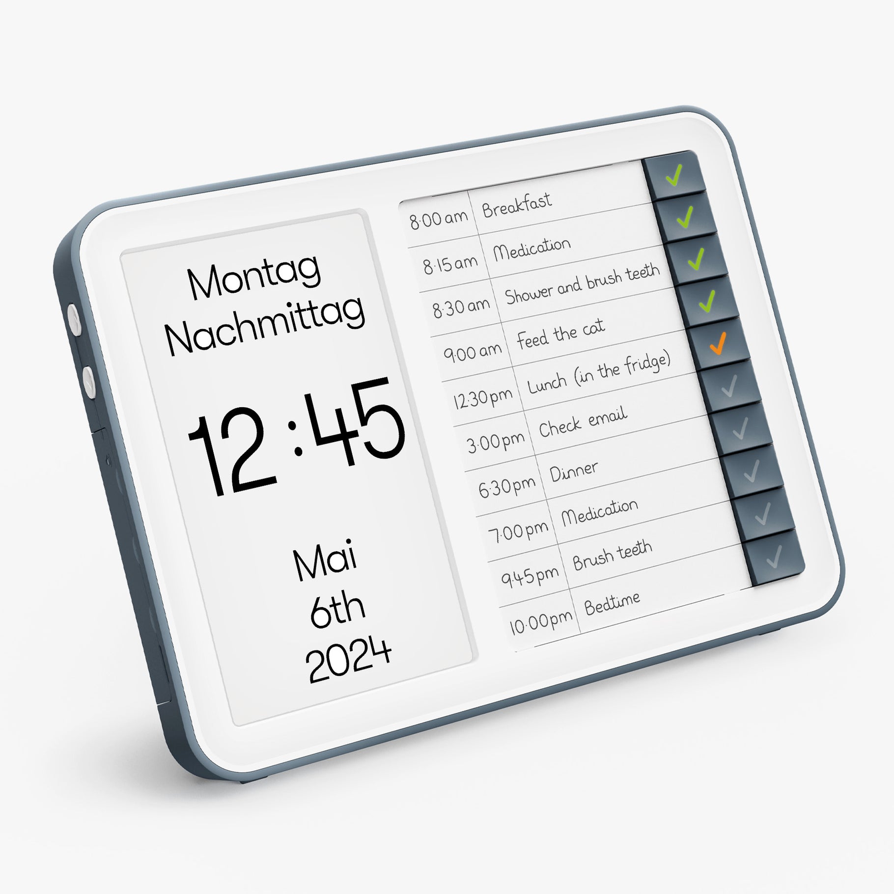 Digital dementia clock with reminders for daily activities, ideal for care homes and elderly with Alzheimer's.