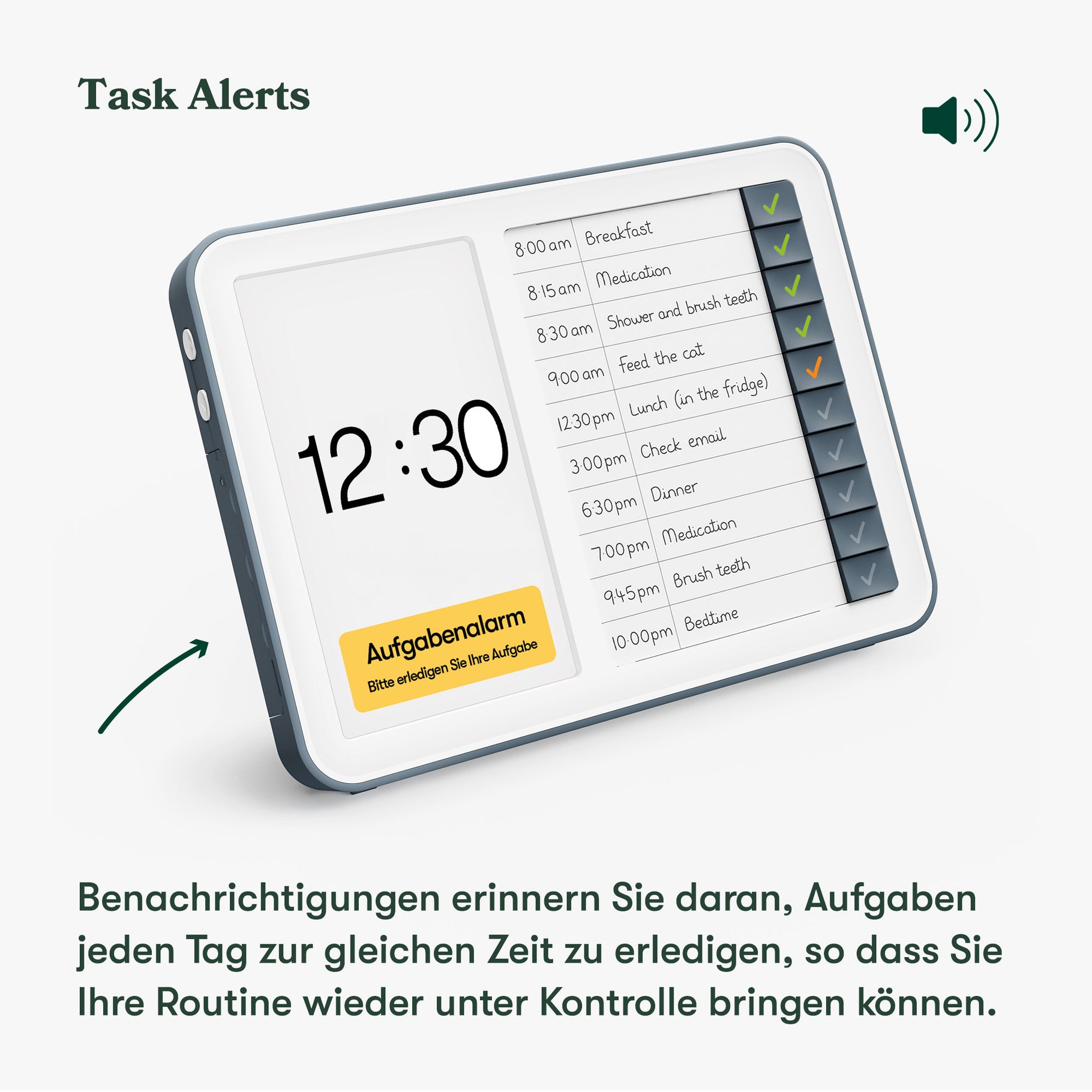 Digital dementia clock with reminders for care home activities, aiding elderly and dementia patients in daily routines.
